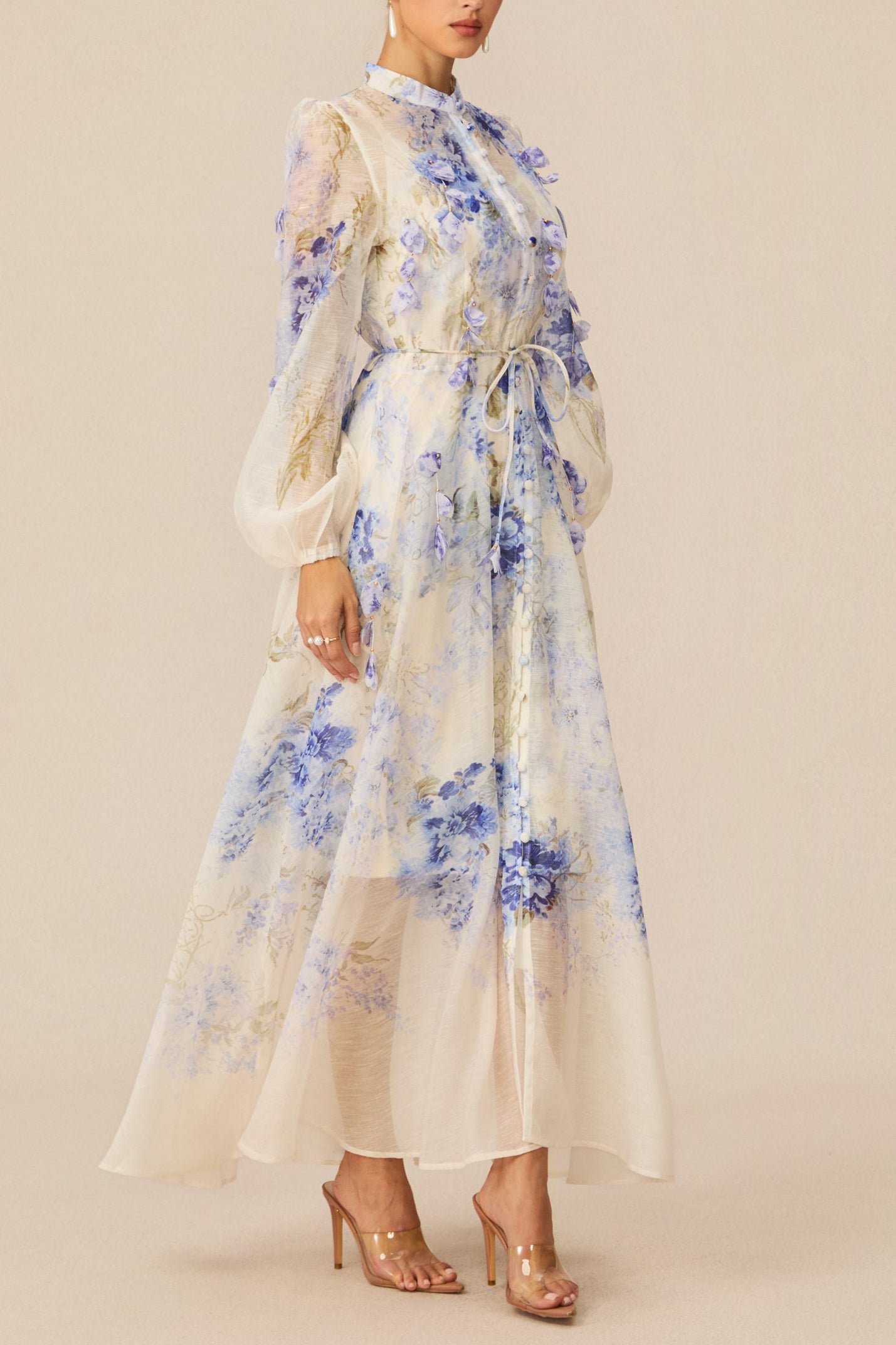 SANDRA BLUE FLORAL PUFF SLEEVE MAXI DRESS