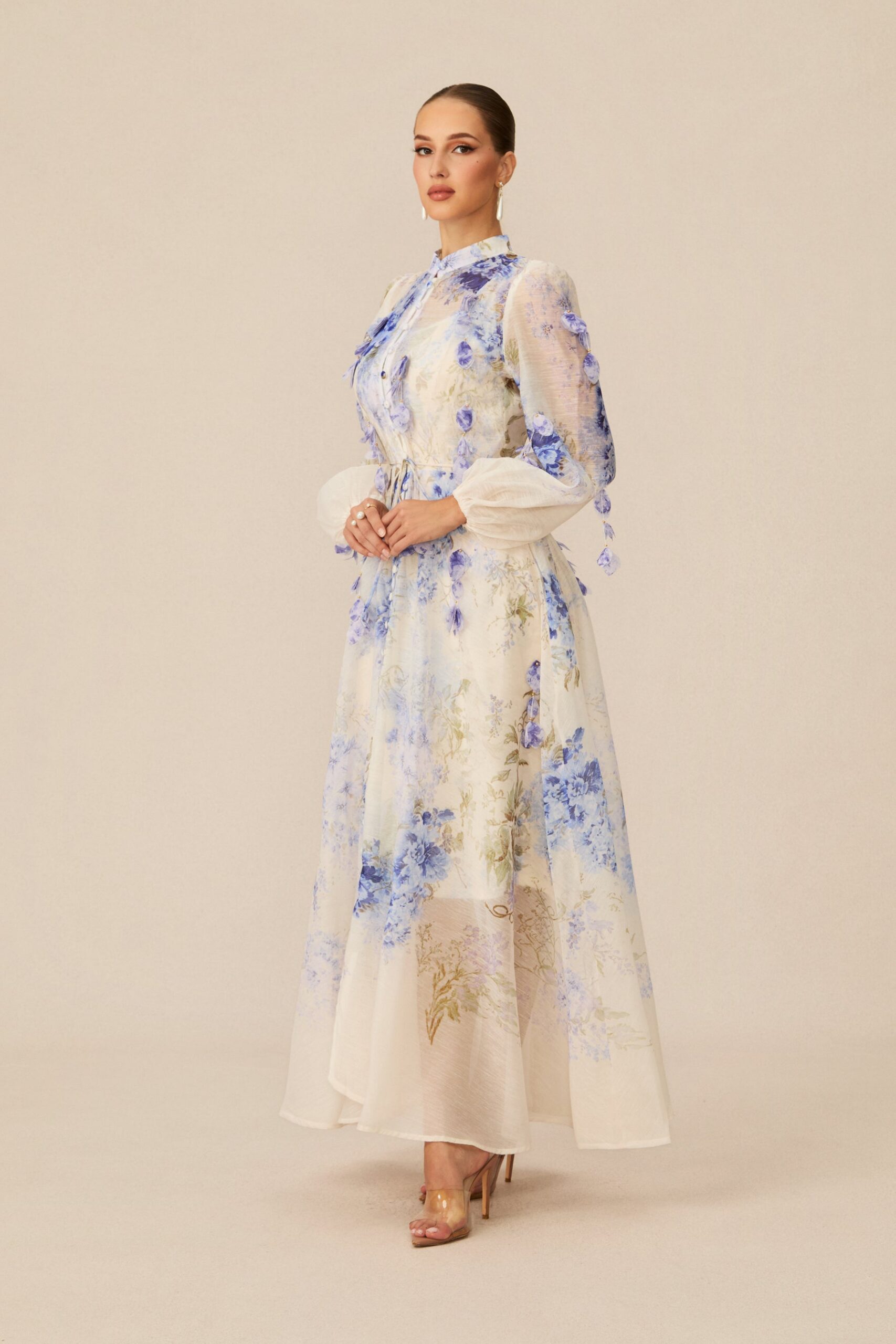 SANDRA BLUE FLORAL PUFF SLEEVE MAXI DRESS