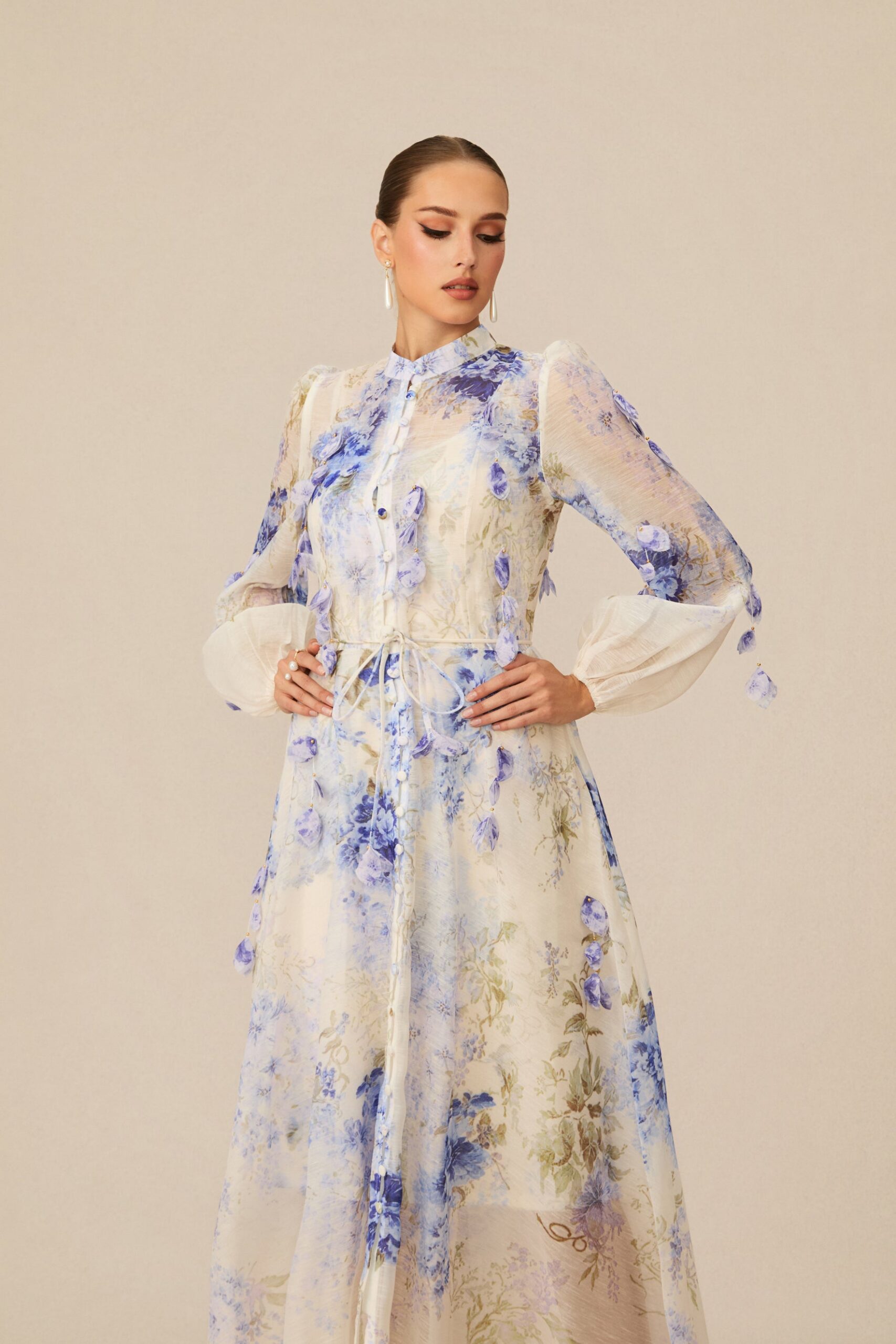 SANDRA BLUE FLORAL PUFF SLEEVE MAXI DRESS