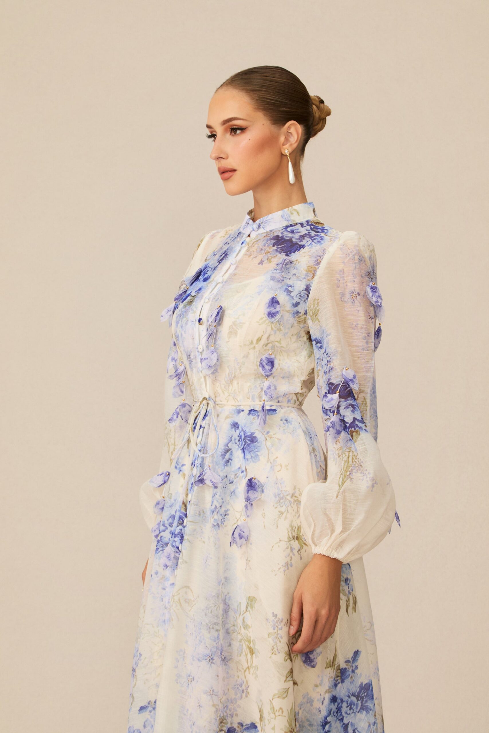 SANDRA BLUE FLORAL PUFF SLEEVE MAXI DRESS