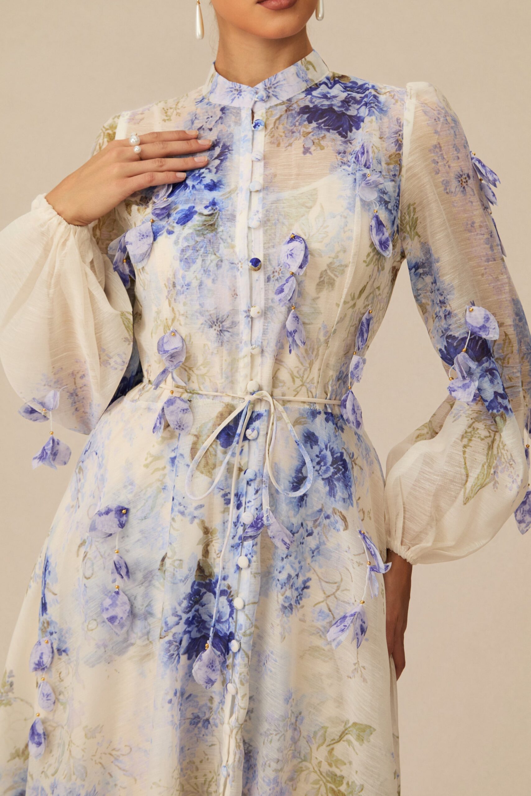 SANDRA BLUE FLORAL PUFF SLEEVE MAXI DRESS