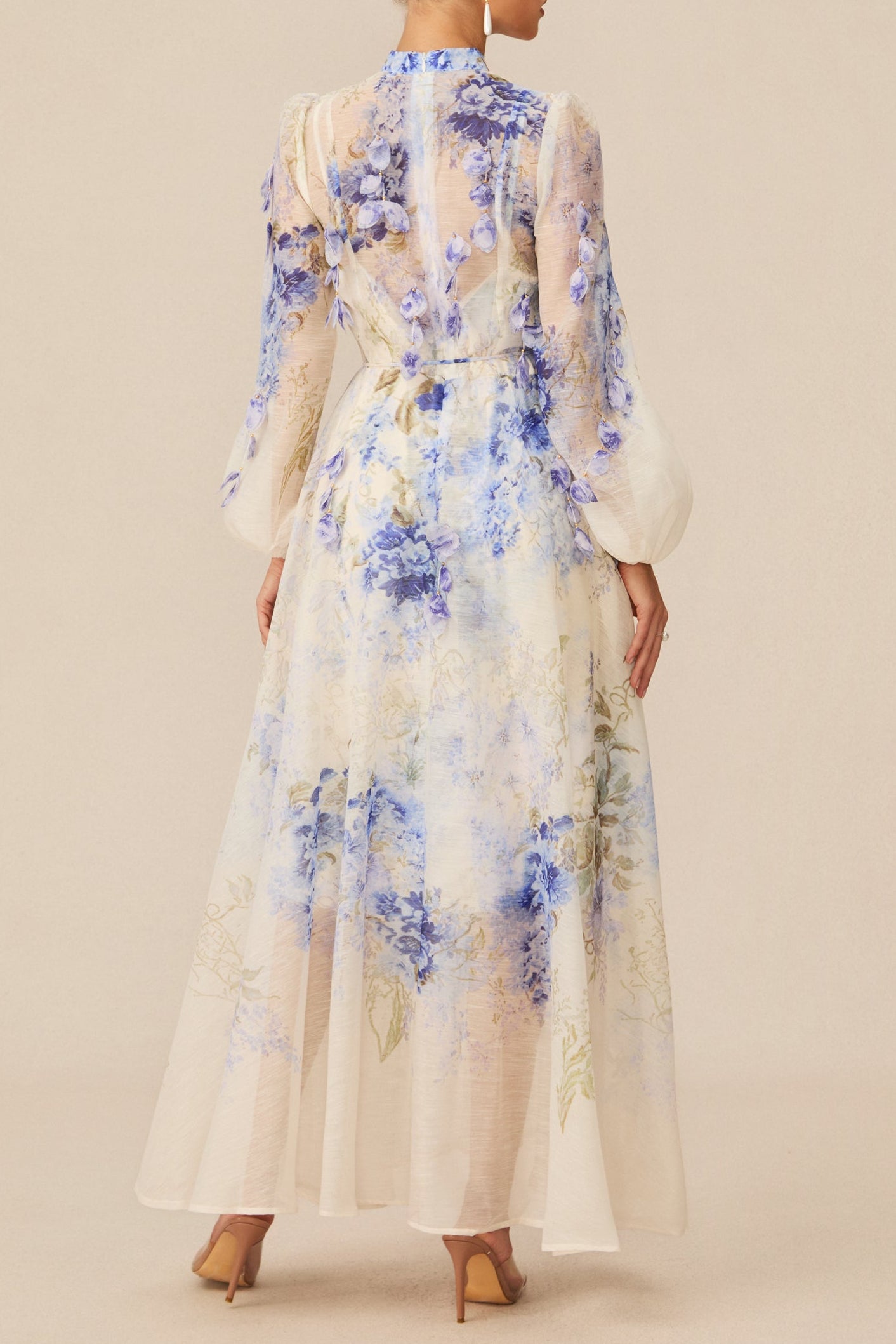 SANDRA BLUE FLORAL PUFF SLEEVE MAXI DRESS