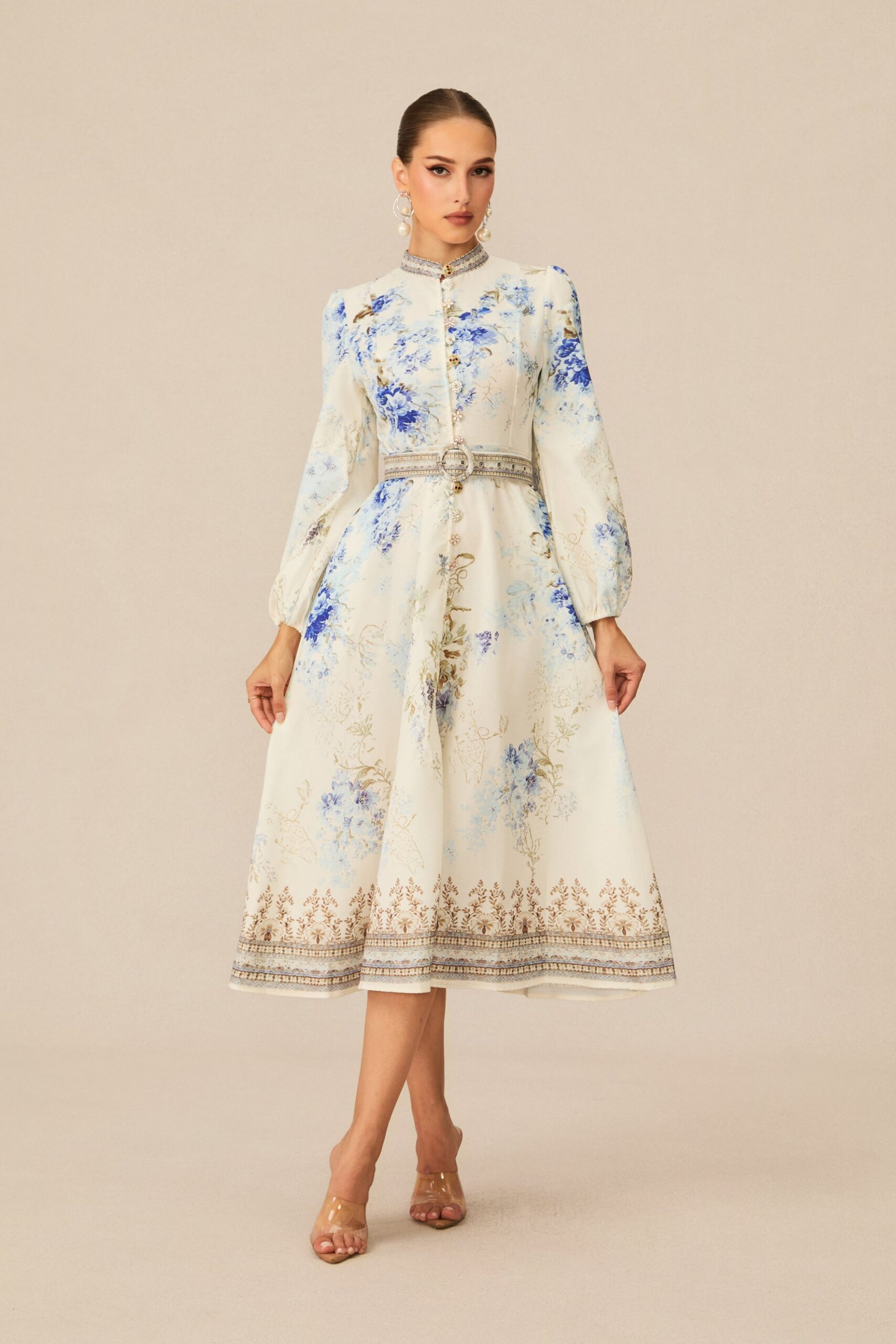 WHITE FLORAL MIDI DRESS FOR WEDDING GUEST