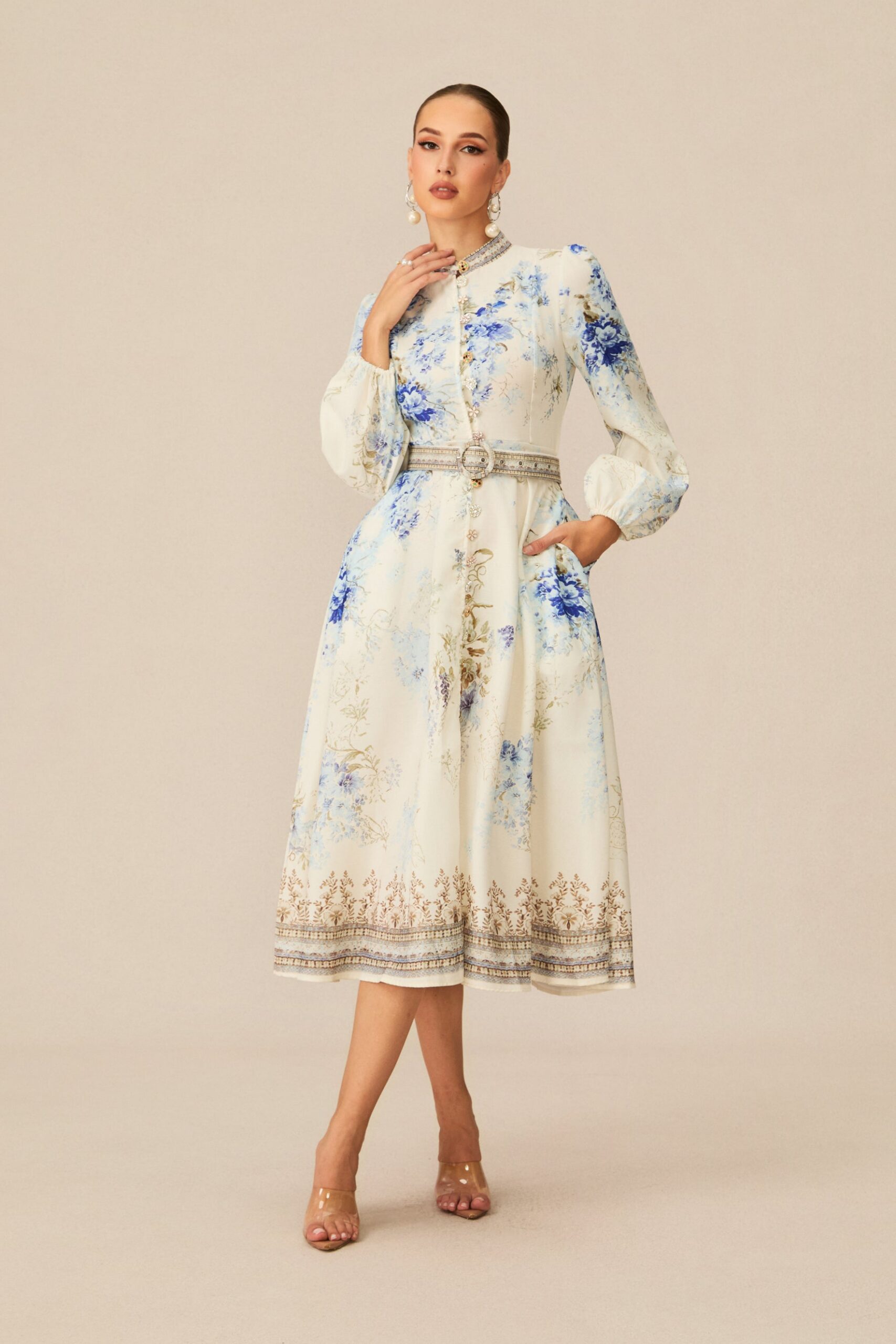 WHITE FLORAL MIDI DRESS FOR WEDDING GUEST