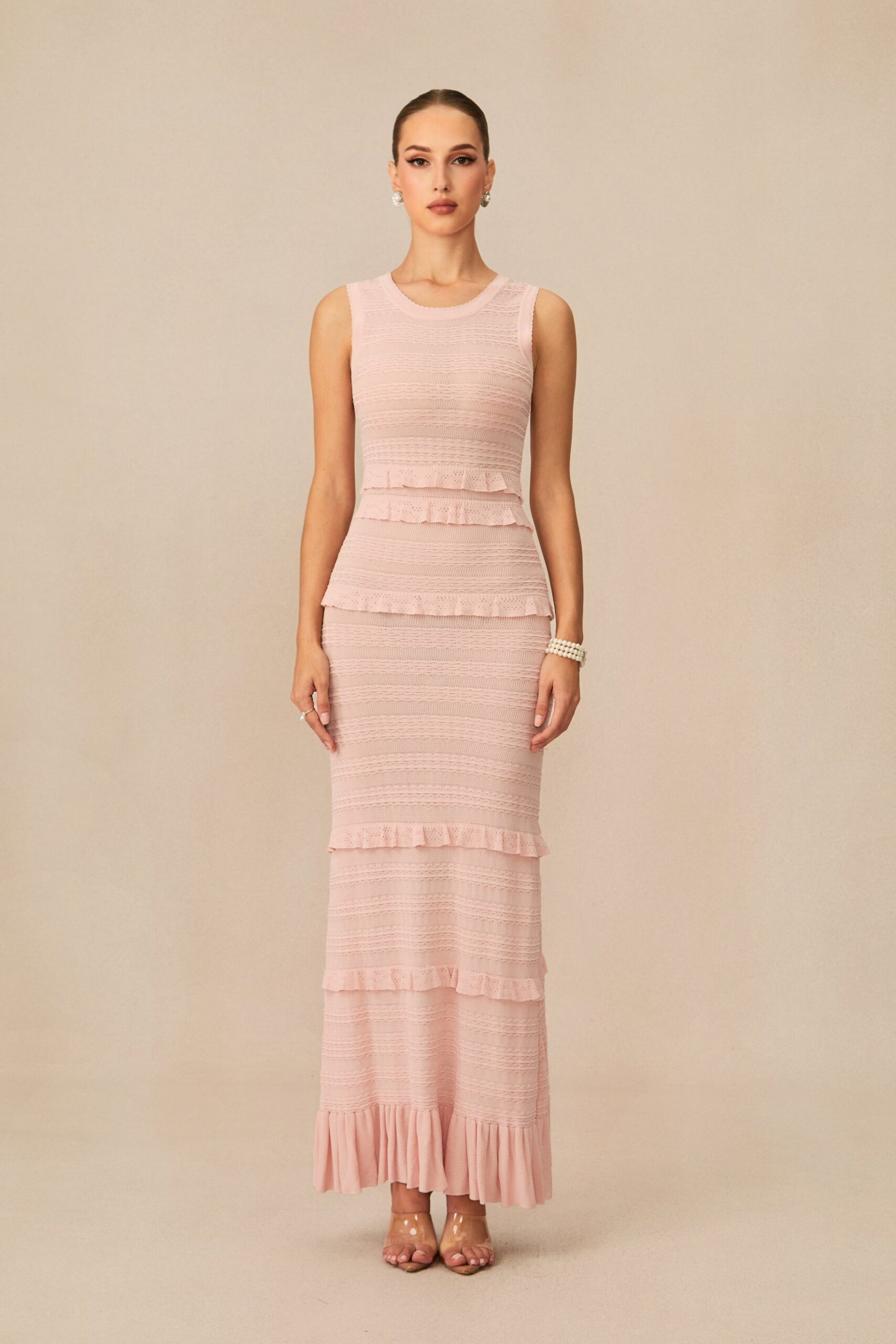 MILRED PINK TEXTURED KNIT MAXI DRESS & CARDIGAN SET