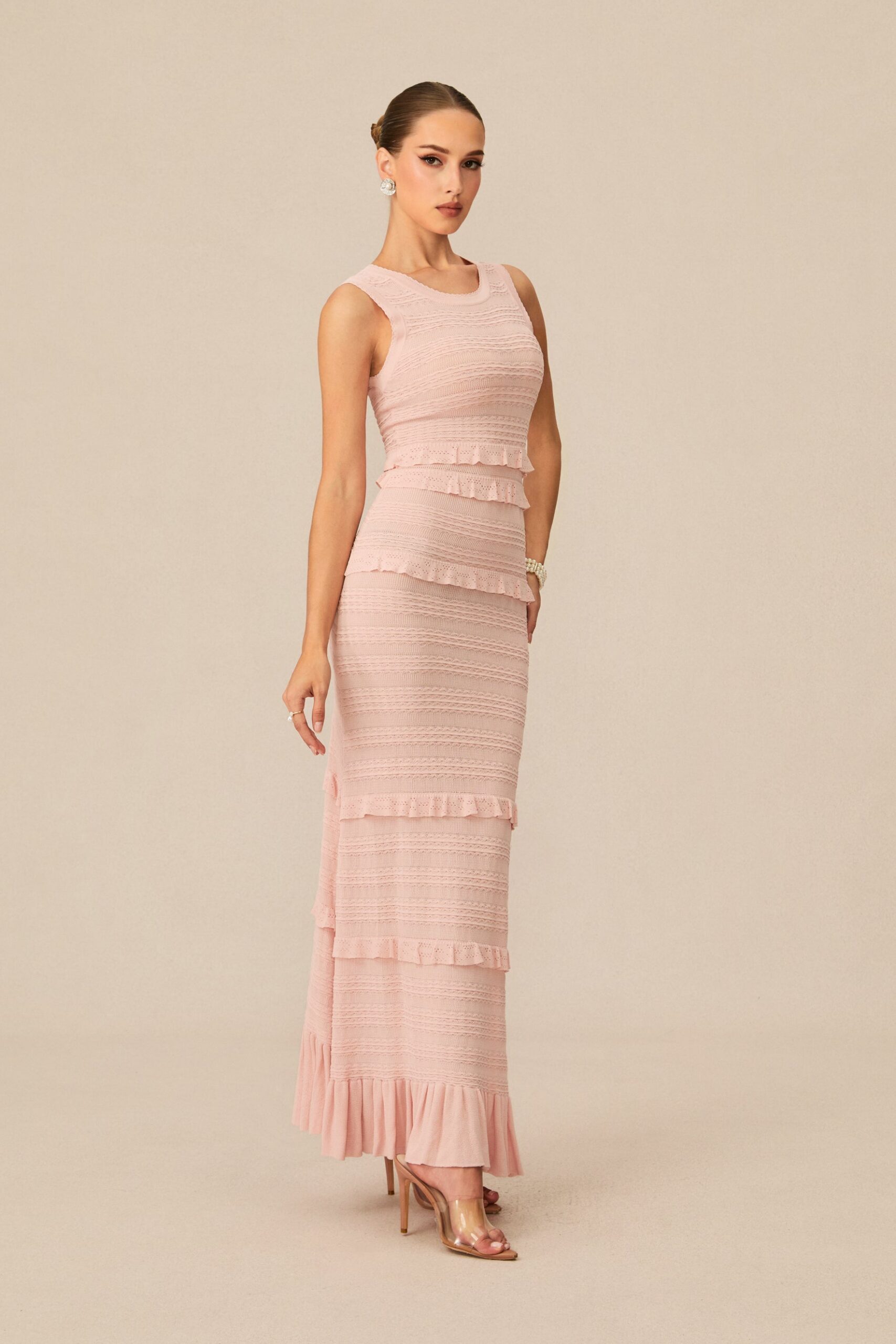 MILRED PINK TEXTURED KNIT MAXI DRESS & CARDIGAN SET