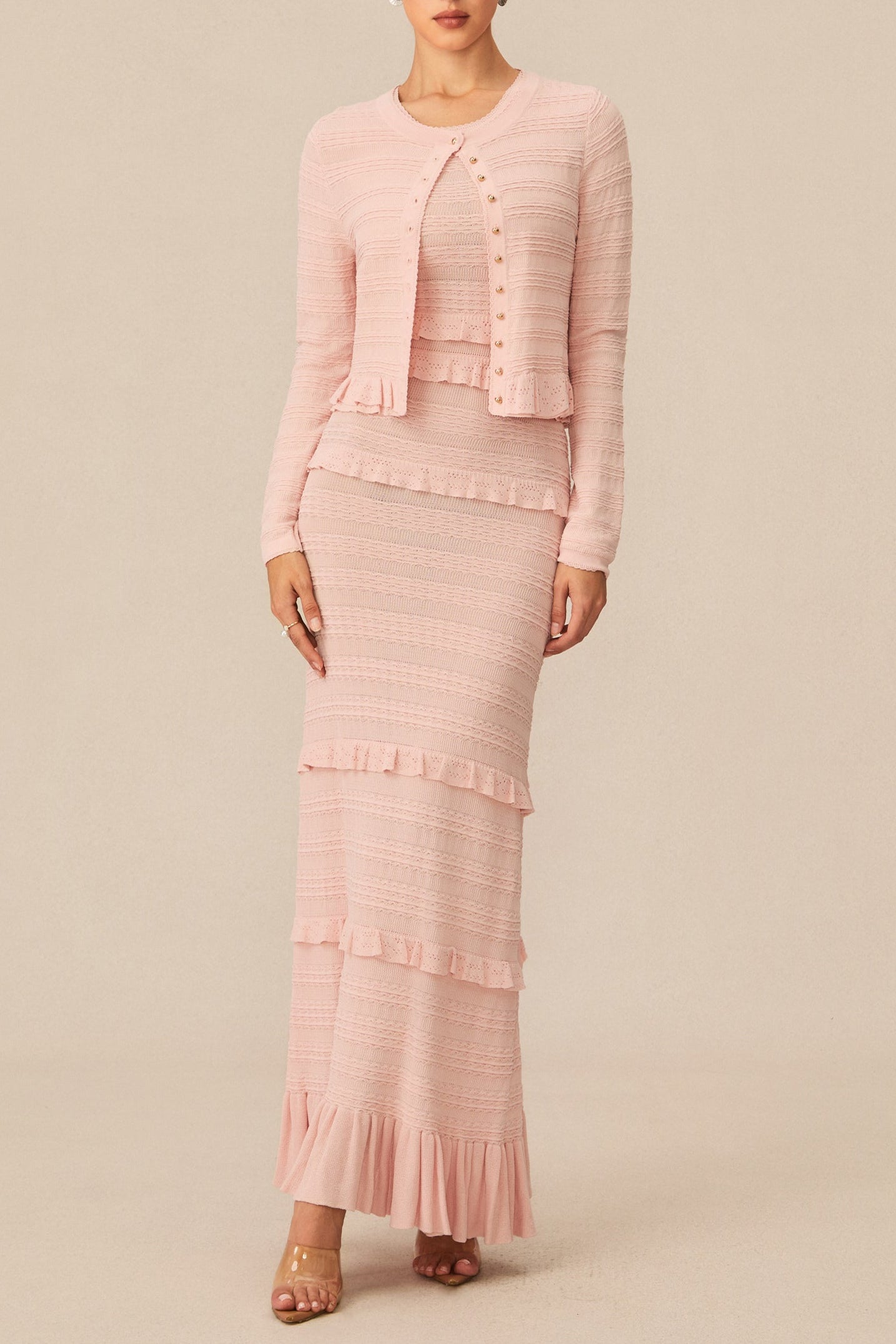 MILRED PINK TEXTURED KNIT MAXI DRESS & CARDIGAN SET