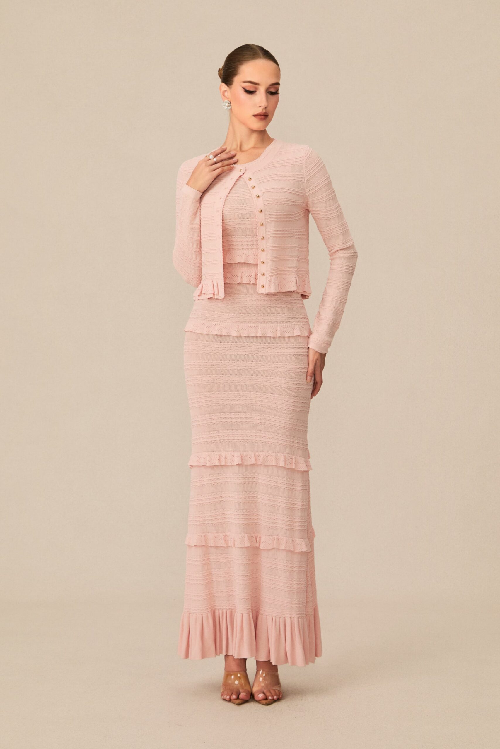 MILRED PINK TEXTURED KNIT MAXI DRESS & CARDIGAN SET