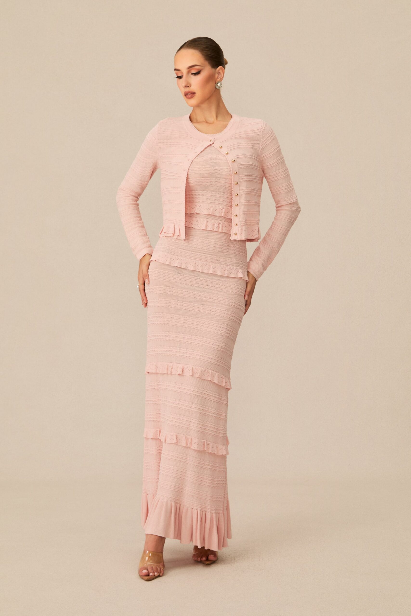 MILRED PINK TEXTURED KNIT MAXI DRESS & CARDIGAN SET