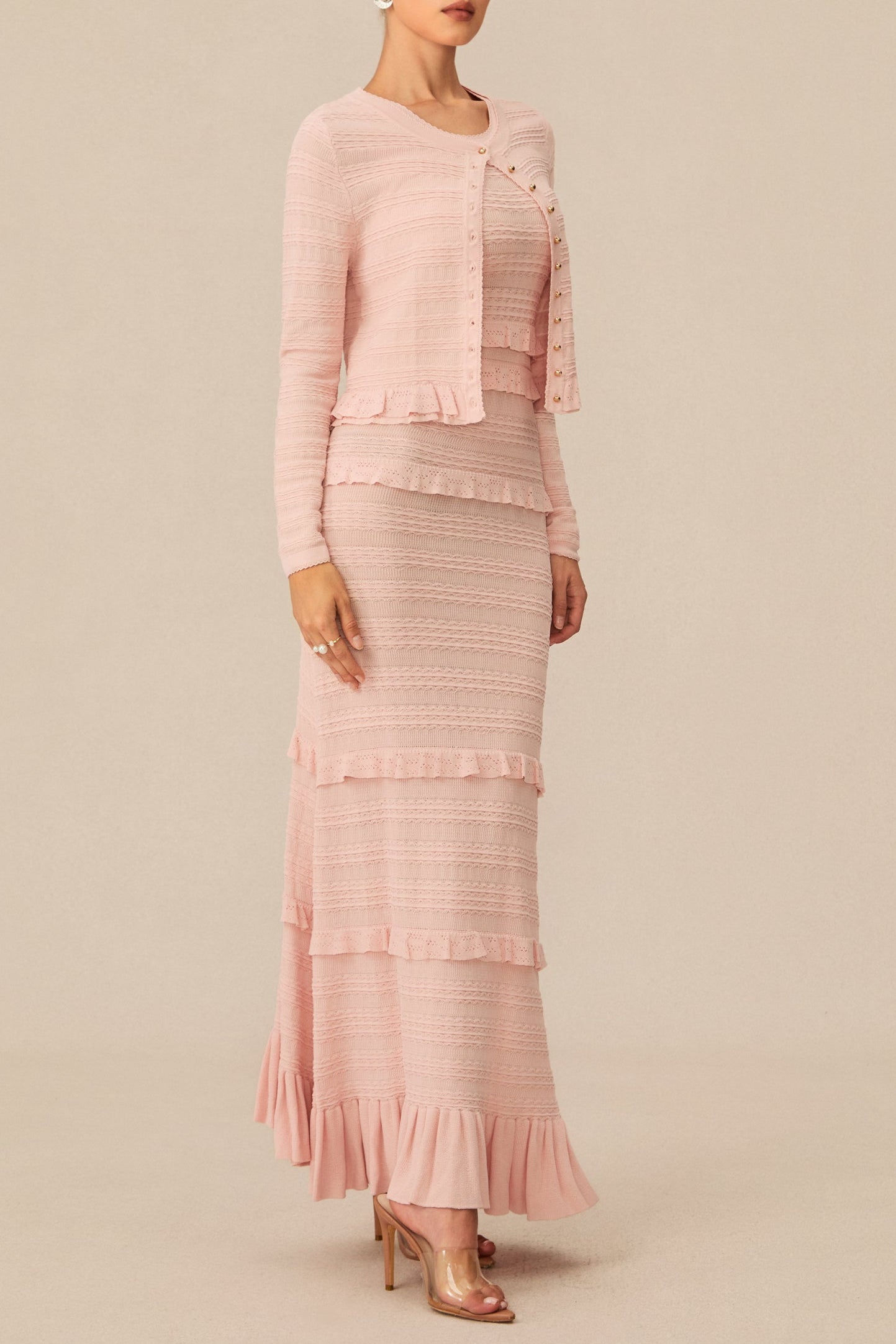 MILRED PINK TEXTURED KNIT MAXI DRESS & CARDIGAN SET