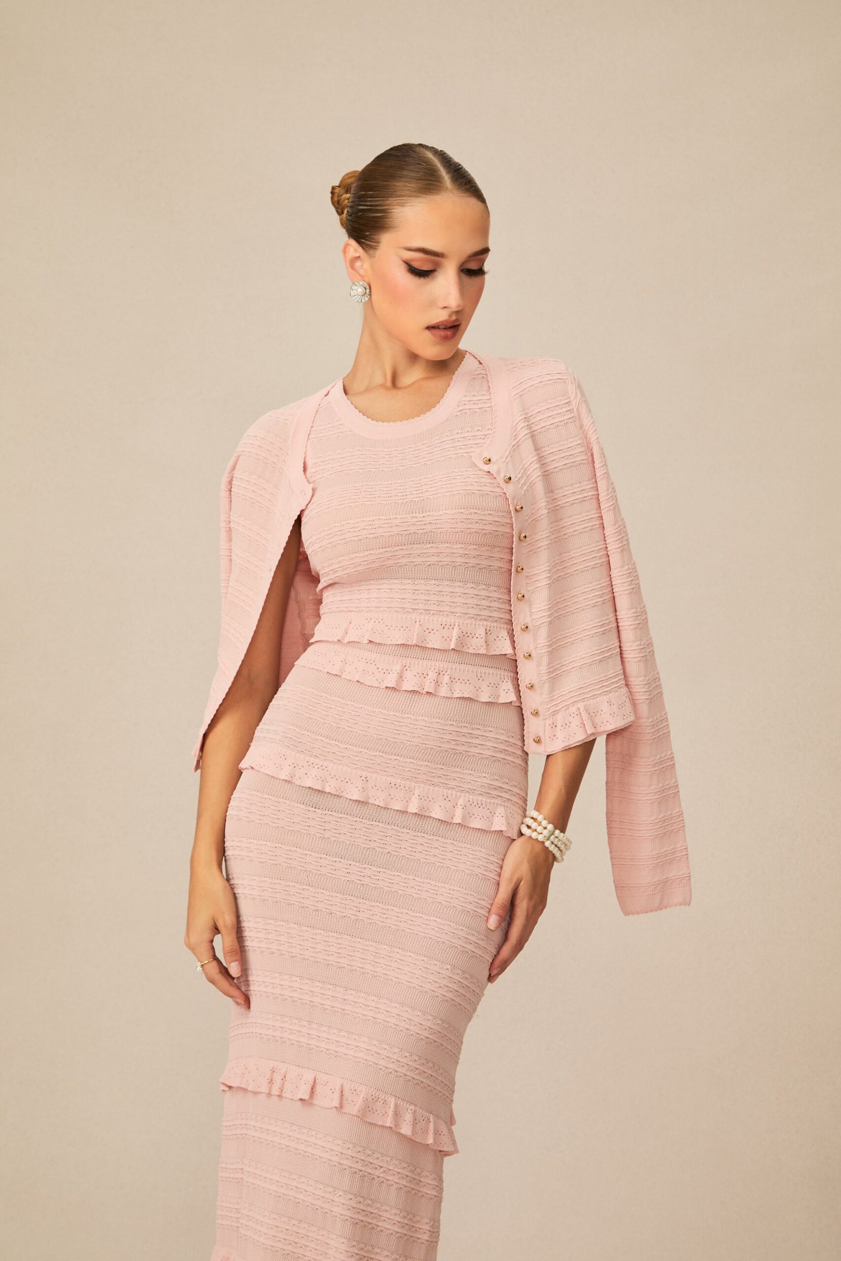 MILRED PINK TEXTURED KNIT MAXI DRESS & CARDIGAN SET
