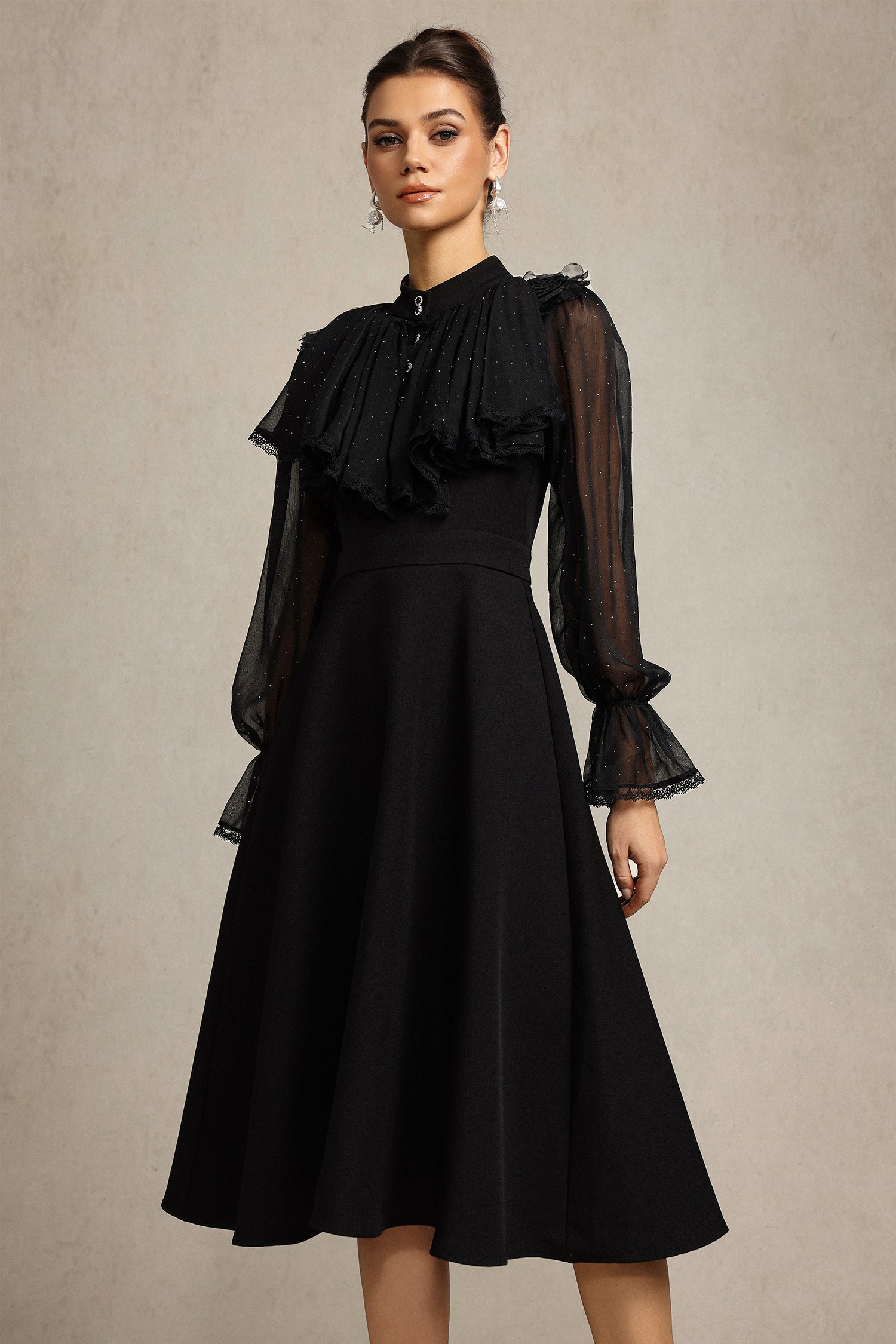 HELEN LONG SLEEVE FEATHER BLACK TWO-PIECE SET FOR PARTY