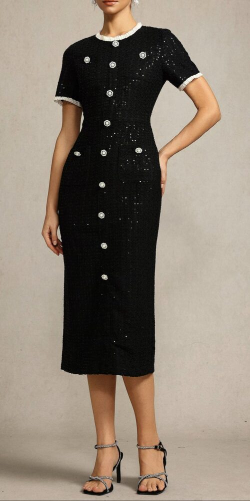 Round Neck Short Sleeves sequin Maxi Dress in black Round Neck Short Sleeves sequin Maxi Dress in black