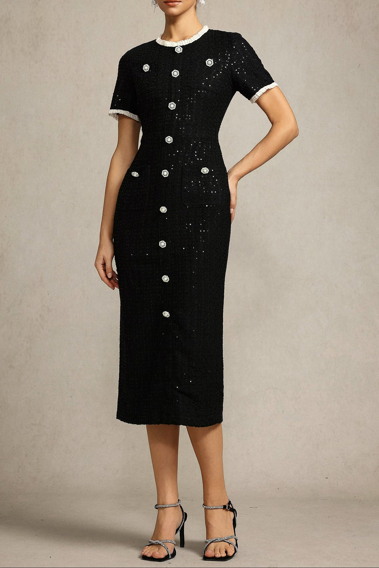SEQUIN ROUND NECK SHORT SLEEVE MAXI DRESS BLACK