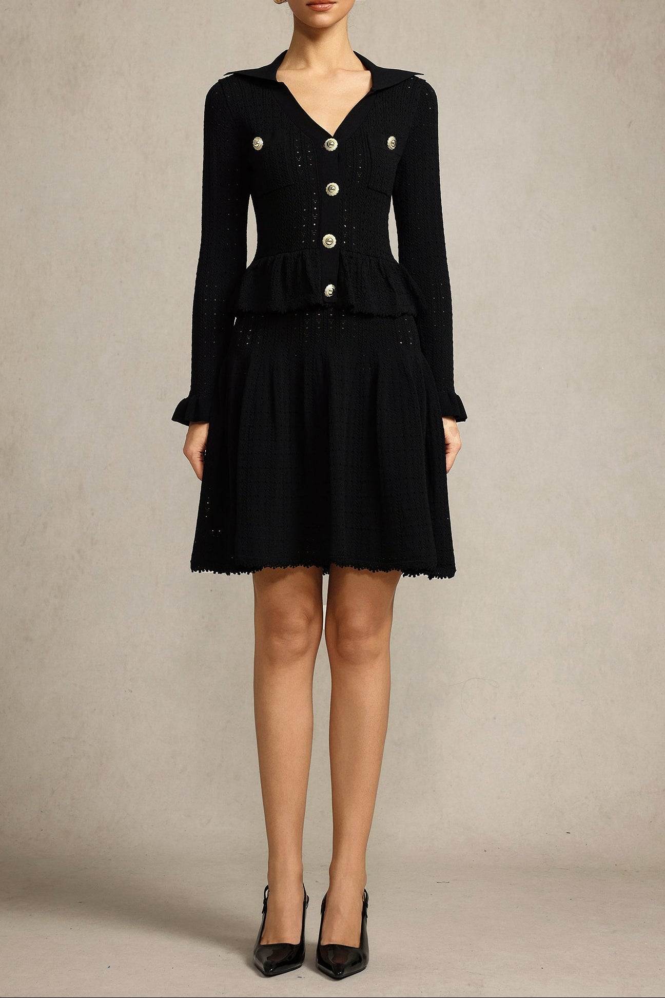 LEAF-EDGE V-NECK KNIT MINI DRESS, BLACK