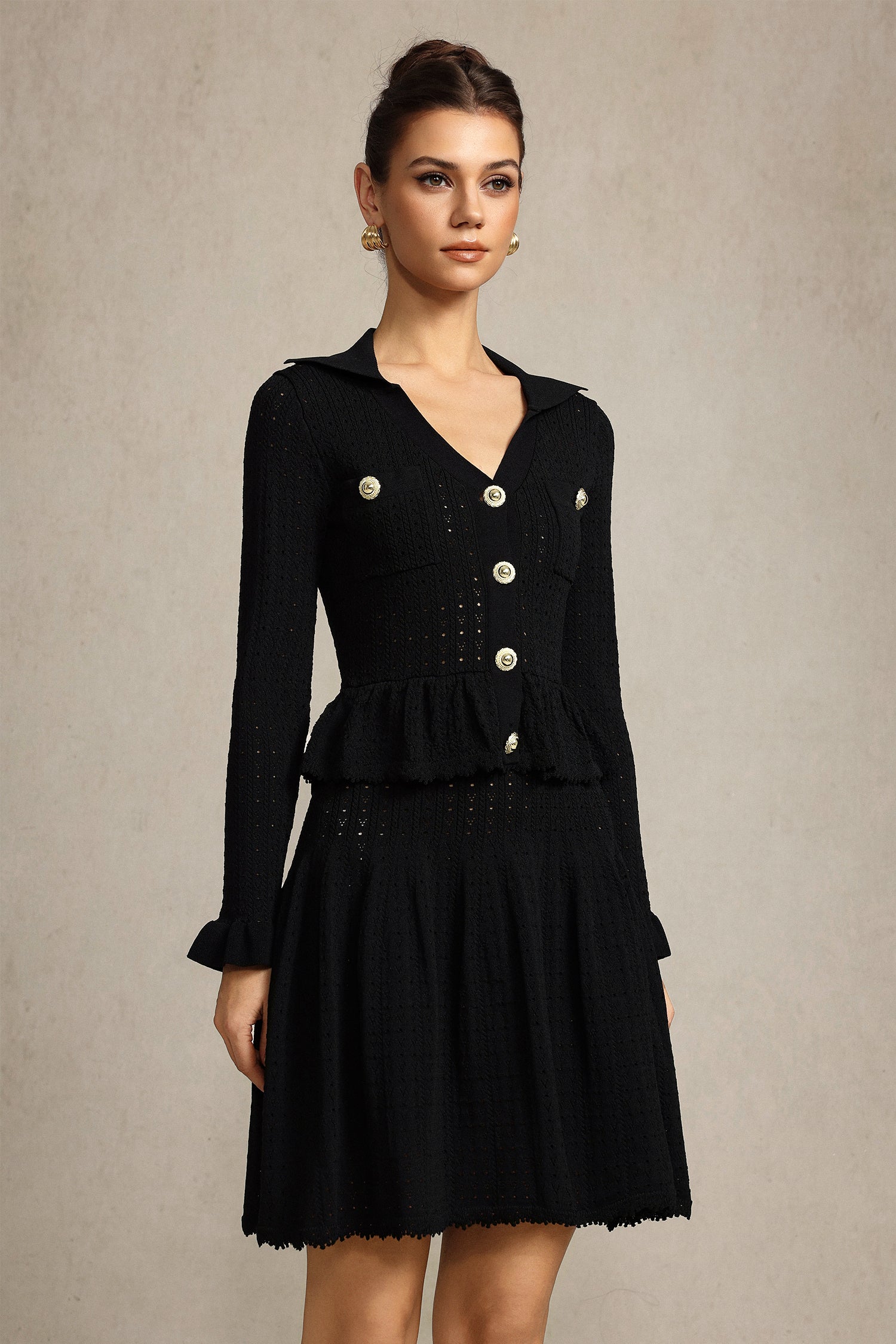 LEAF-EDGE V-NECK KNIT MINI DRESS, BLACK