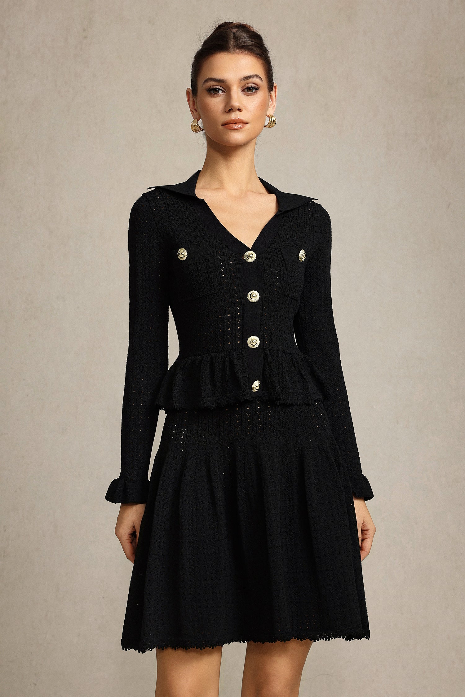 LEAF-EDGE V-NECK KNIT MINI DRESS, BLACK
