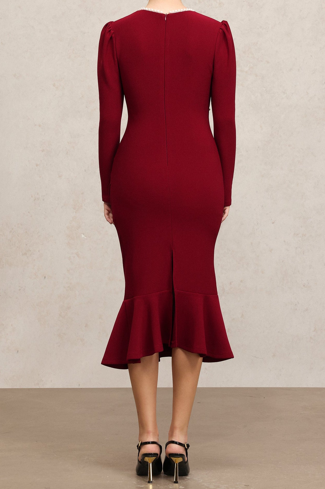 MIRIAM CLARET FISHTAIL PEARL MIDI DRESS, SQUARE COLLAR, EVENING
