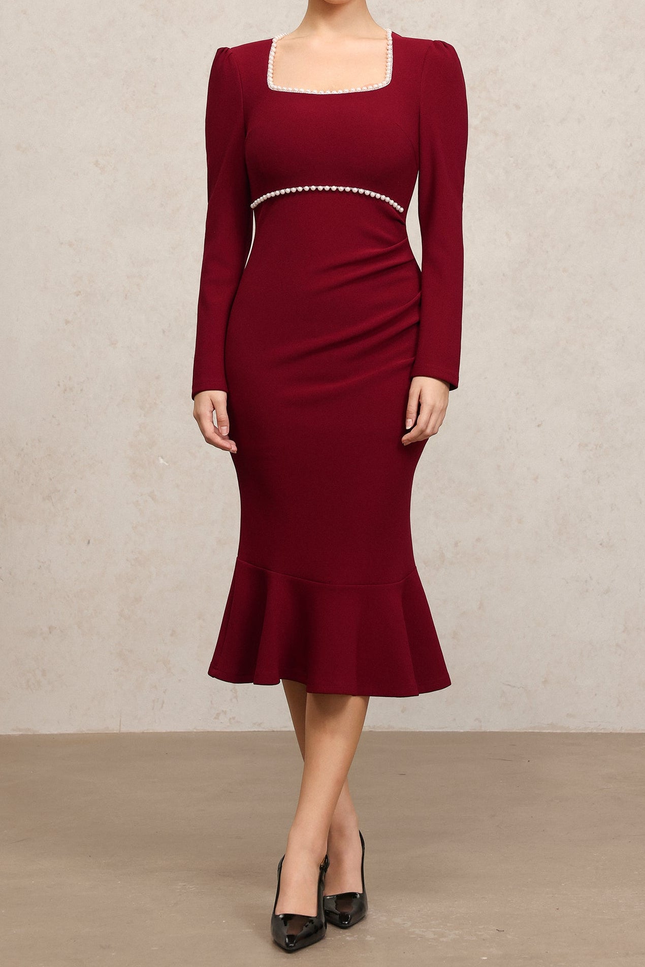 2025-09-26-malu137291 MIRIAM CLARET FISHTAIL PEARL MIDI DRESS, SQUARE COLLAR, EVENING