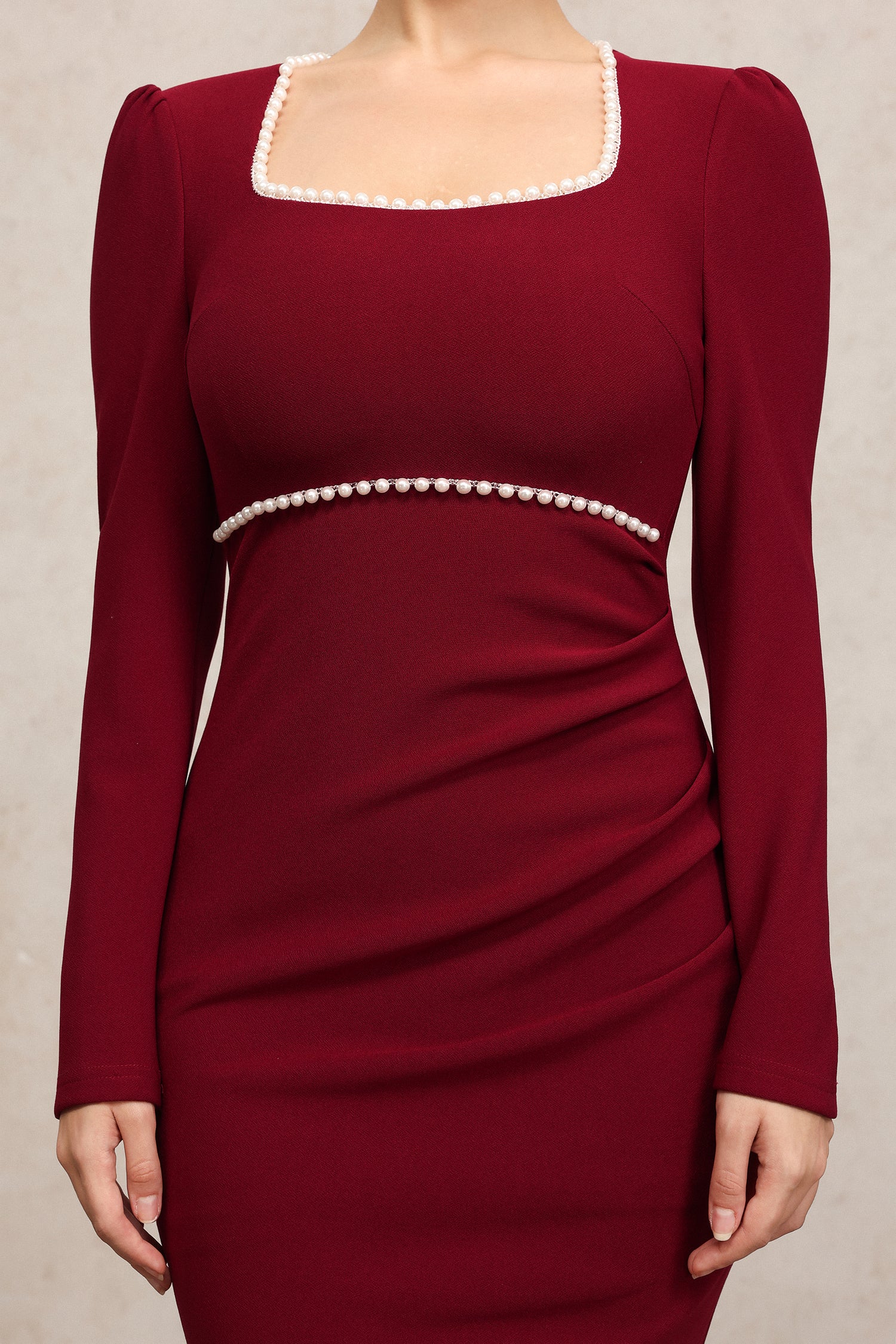MIRIAM CLARET FISHTAIL PEARL MIDI DRESS, SQUARE COLLAR, EVENING