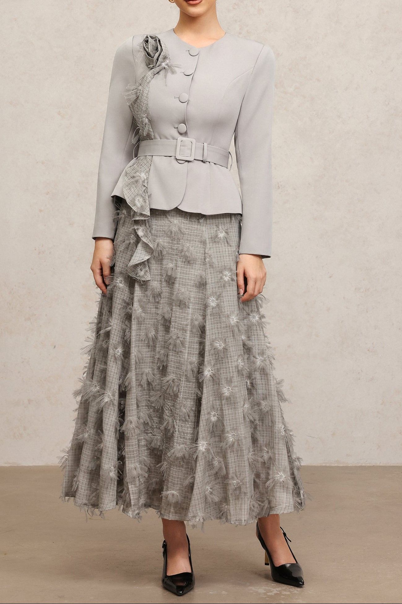DOMINIC GREY FLORAL TWO-PIECE SET, ROUND NECK, LONG SLEEVES