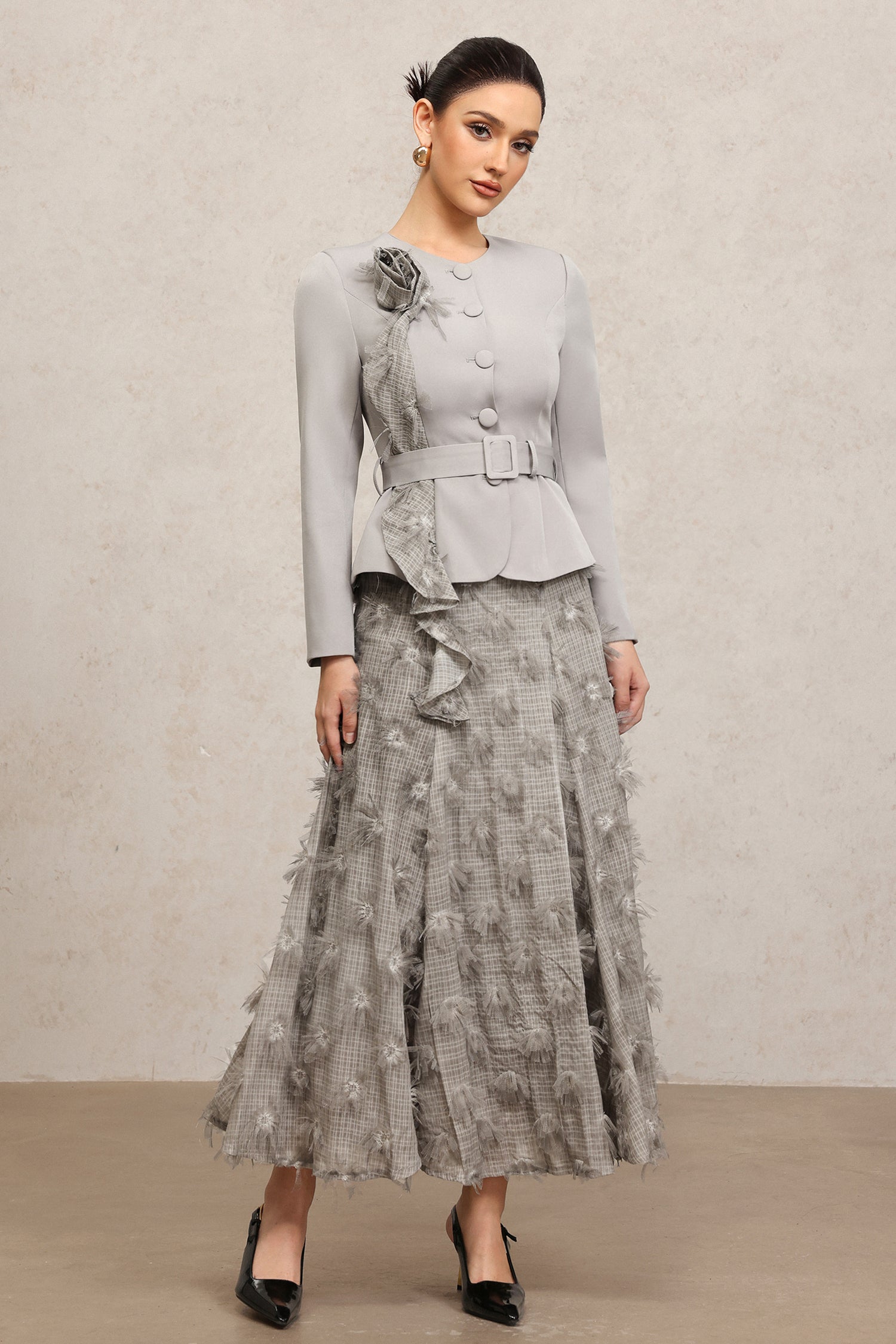 DOMINIC GREY FLORAL TWO-PIECE SET, ROUND NECK, LONG SLEEVES