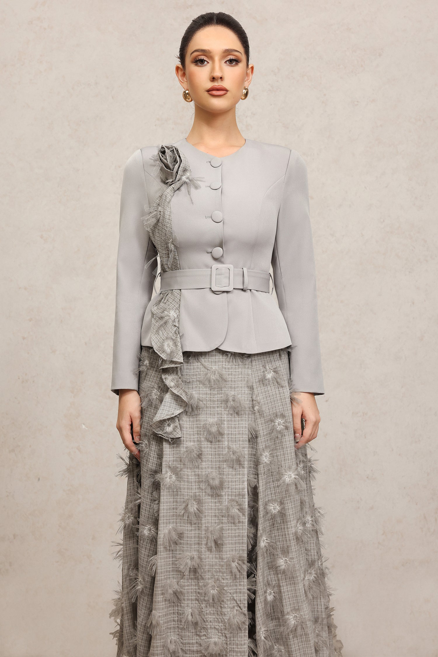 DOMINIC GREY FLORAL TWO-PIECE SET, ROUND NECK, LONG SLEEVES