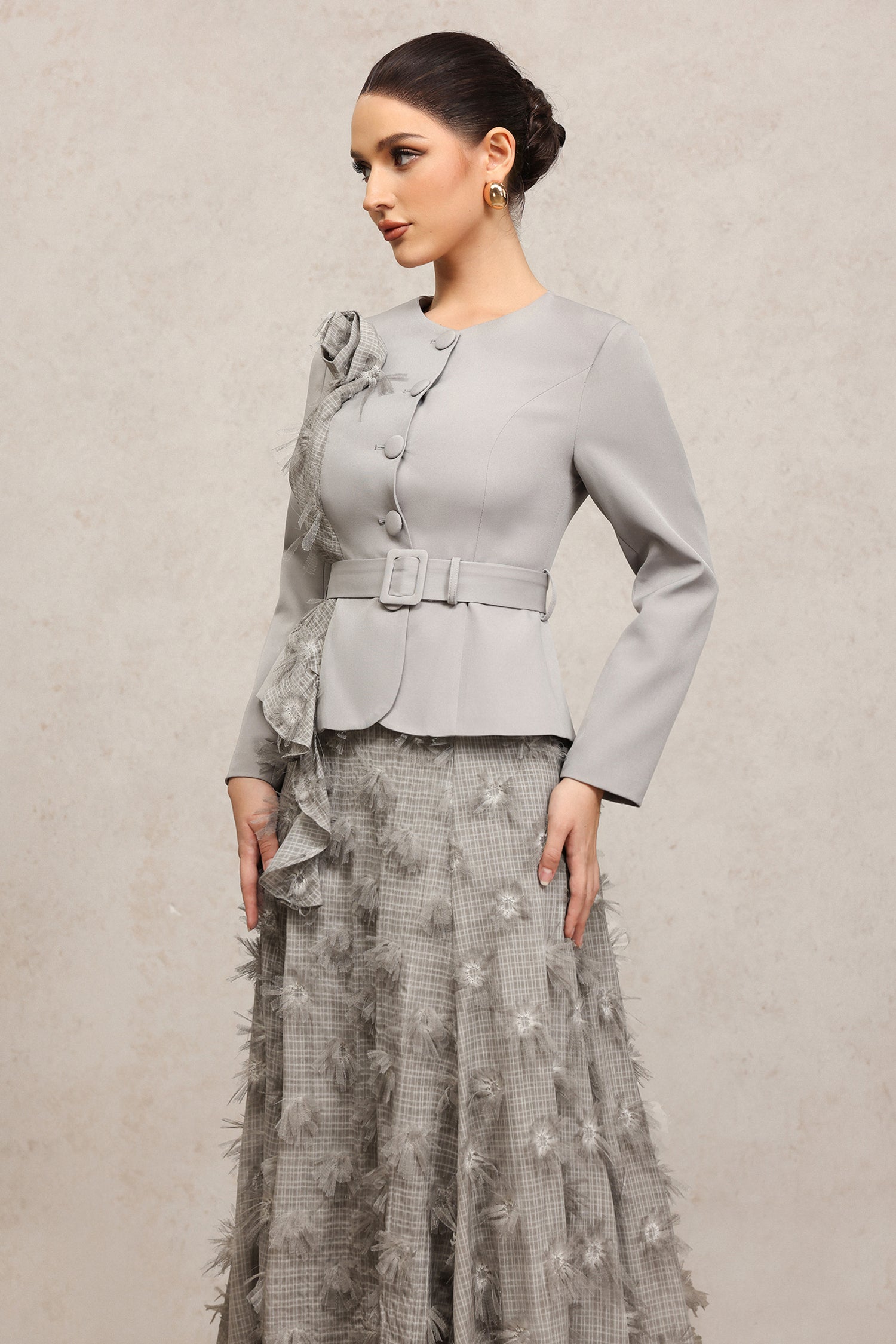 DOMINIC GREY FLORAL TWO-PIECE SET, ROUND NECK, LONG SLEEVES
