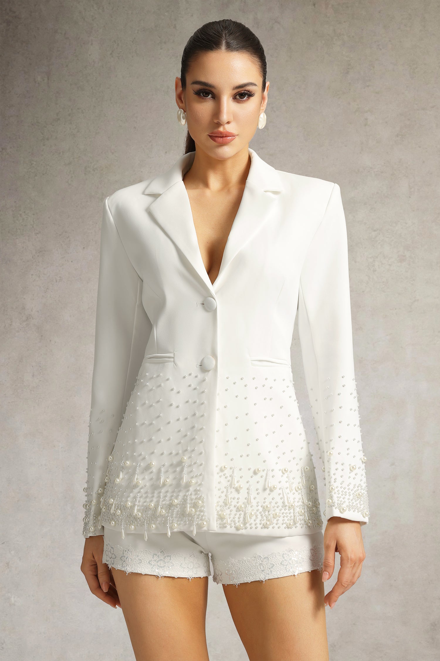 MIRABELLE PEARL BLAZER, WHITE, LONG SLEEVE, WEDDING BLAZER