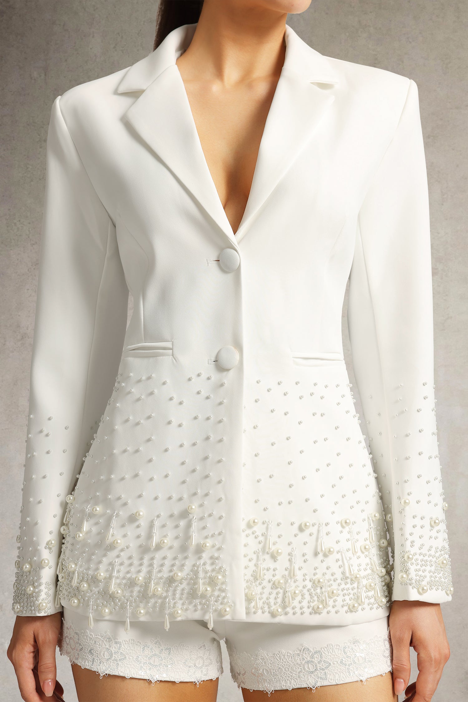 MIRABELLE PEARL BLAZER, WHITE, LONG SLEEVE, WEDDING BLAZER