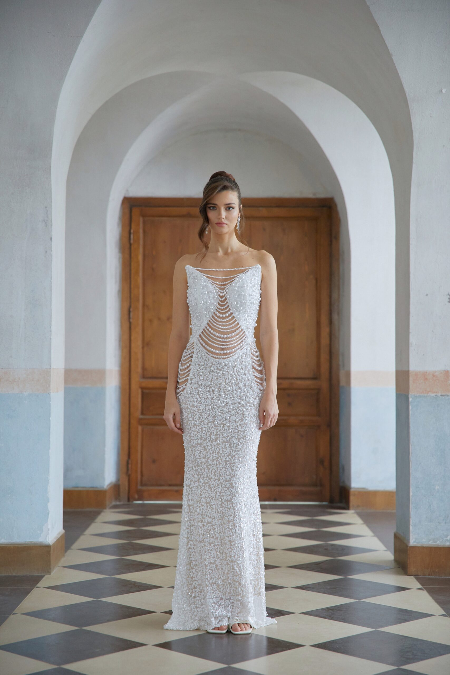 ISEULT WHITE PEARL MESH MAXI GOWN