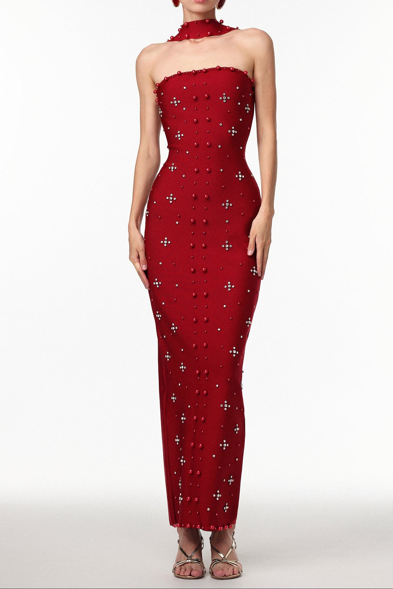 2025-10-21-liza150220 NESYA SLEEVELESS PEARL WINE BANDAGE MAXI DRESS