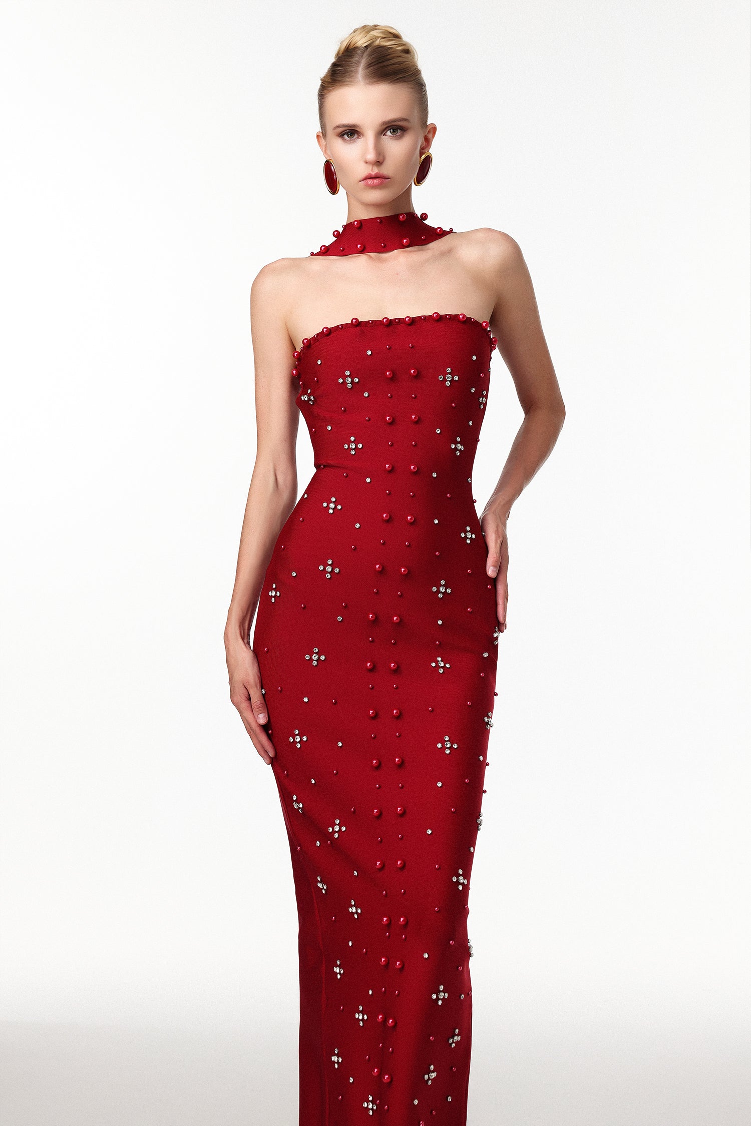 NESYA SLEEVELESS PEARL WINE BANDAGE MAXI DRESS