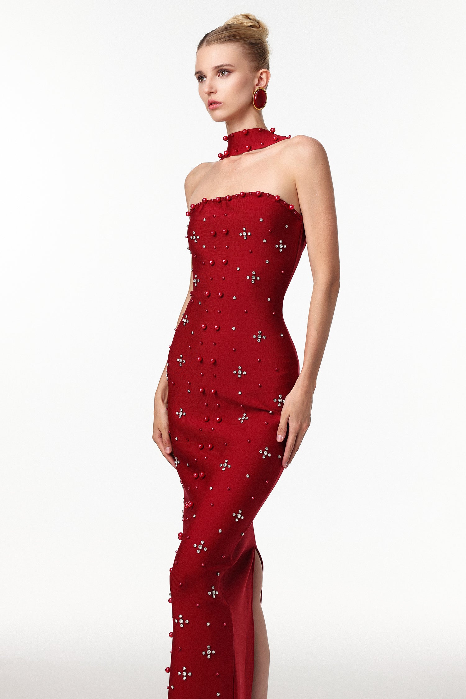 NESYA SLEEVELESS PEARL WINE BANDAGE MAXI DRESS