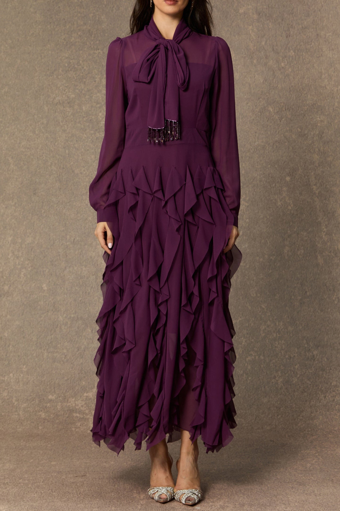 BONNIE PURPLE BOW NECK TIERED RUFFLE MAXI DRESS