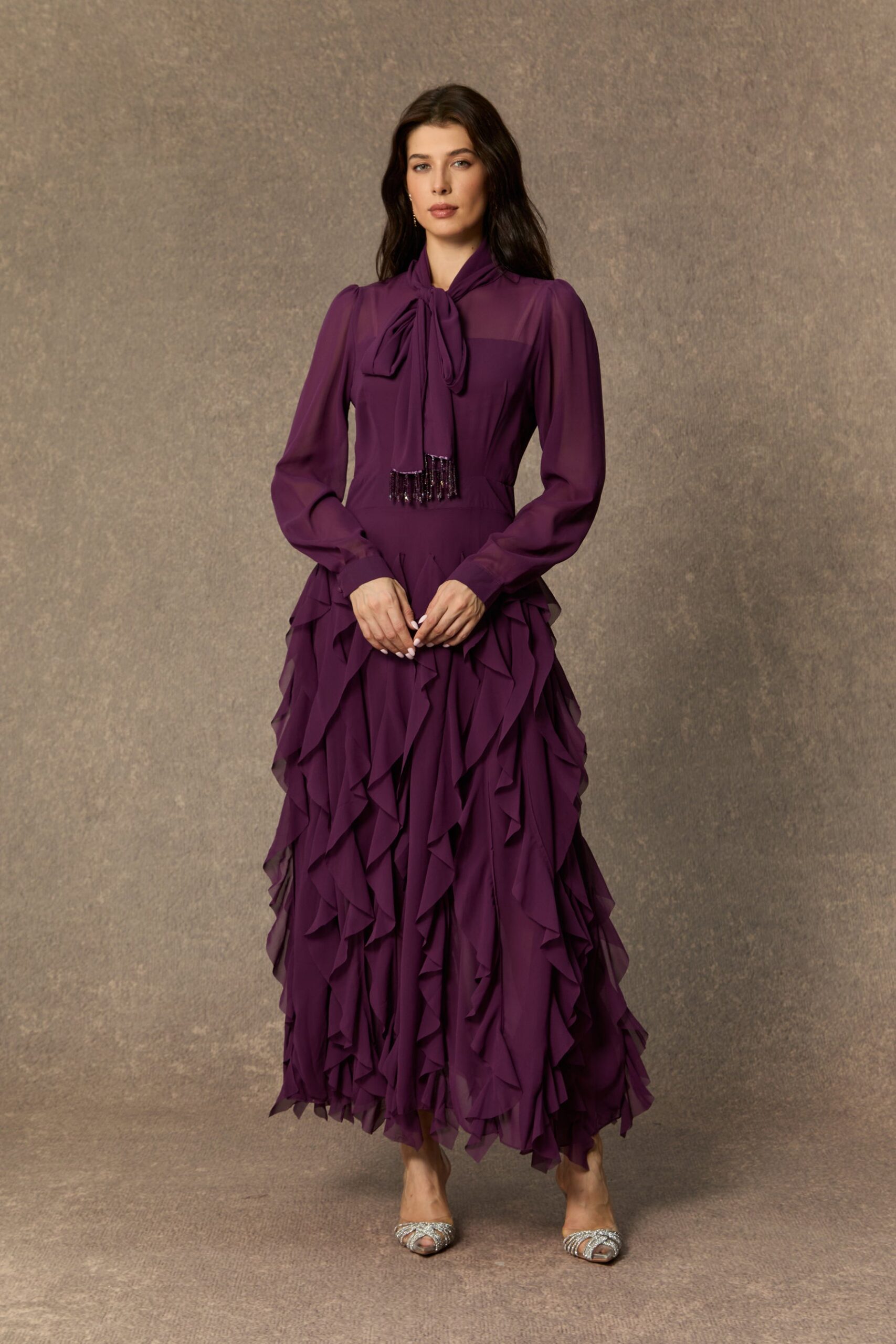 BONNIE PURPLE BOW NECK TIERED RUFFLE MAXI DRESS