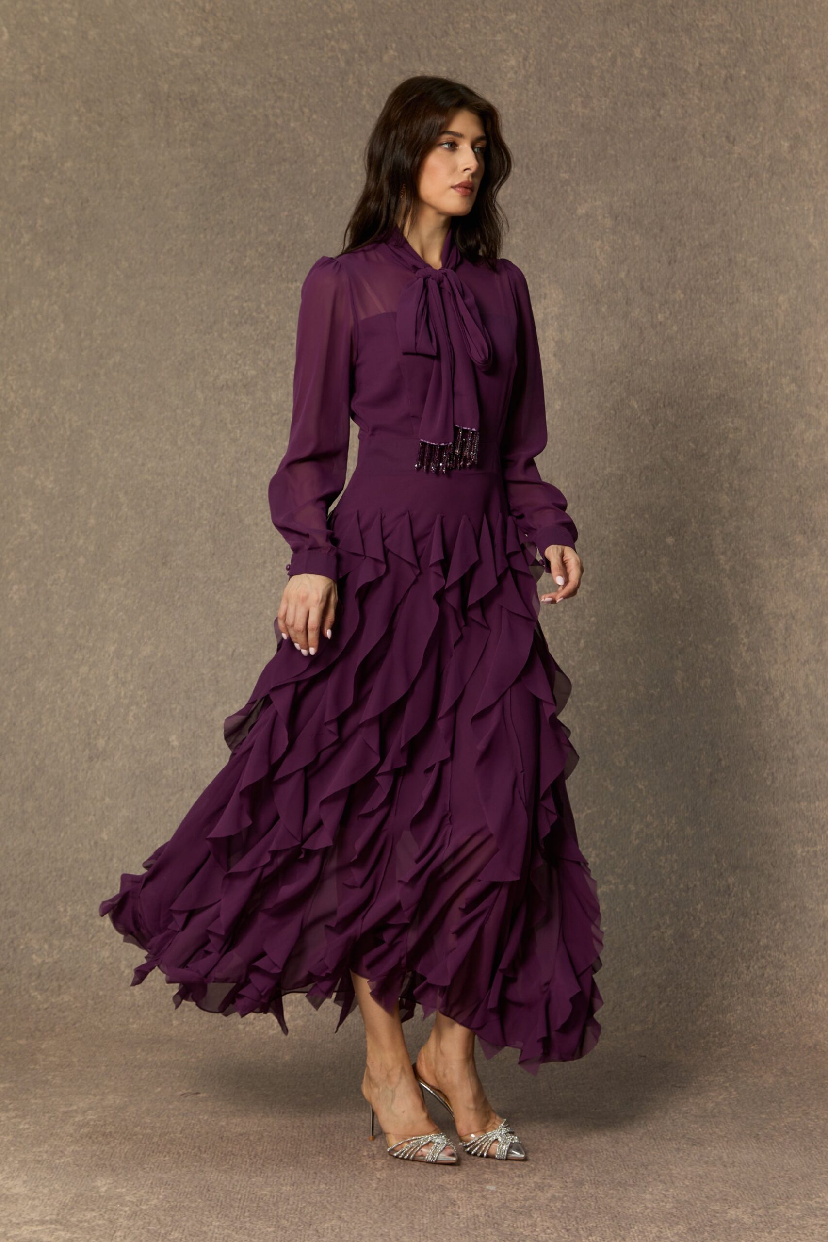 BONNIE PURPLE BOW NECK TIERED RUFFLE MAXI DRESS