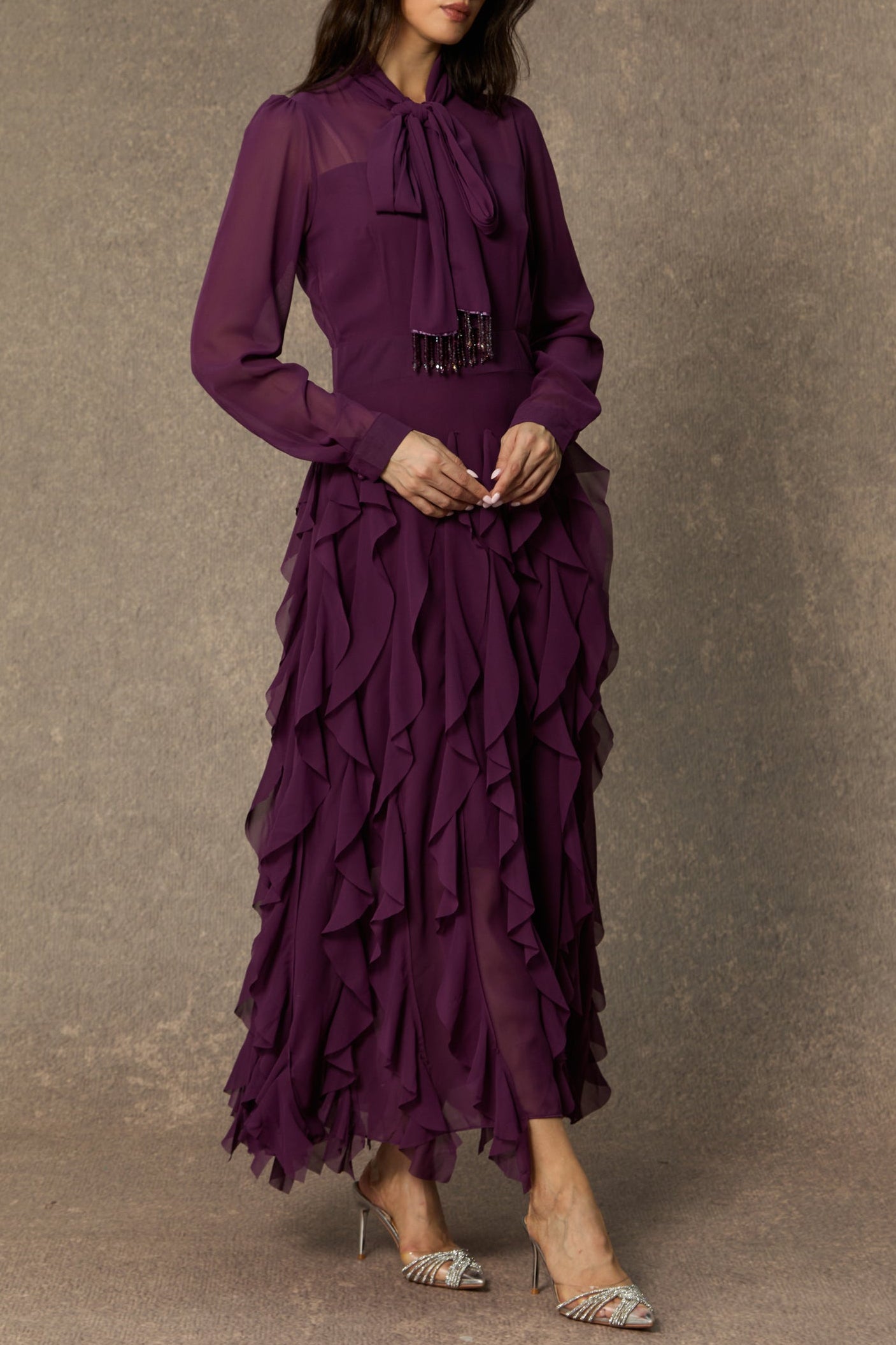 BONNIE PURPLE BOW NECK TIERED RUFFLE MAXI DRESS