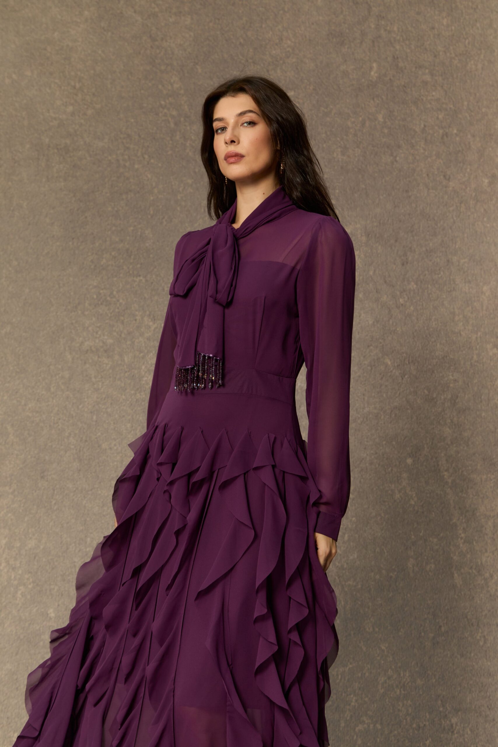 BONNIE PURPLE BOW NECK TIERED RUFFLE MAXI DRESS