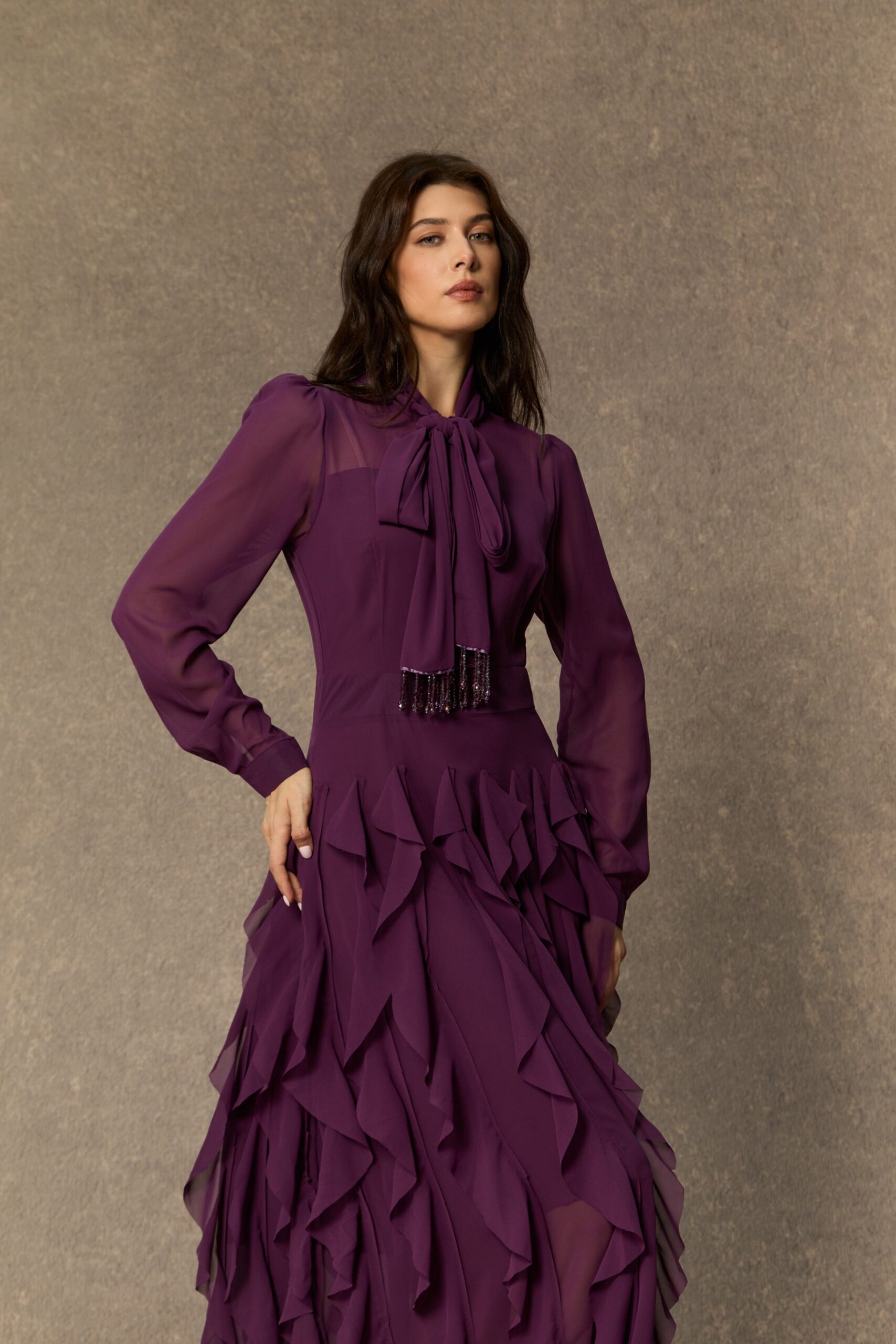 BONNIE PURPLE BOW NECK TIERED RUFFLE MAXI DRESS