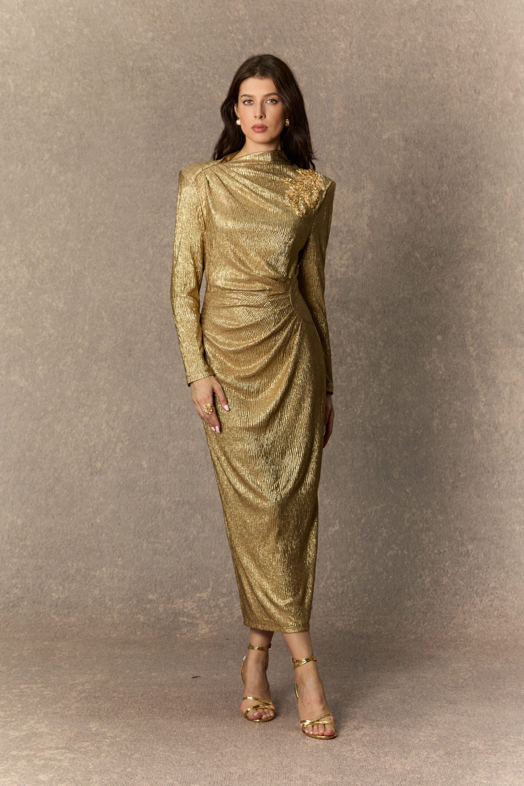 MICHELLE GOLD FLORAL MIDI DRESS FOR EVENTS