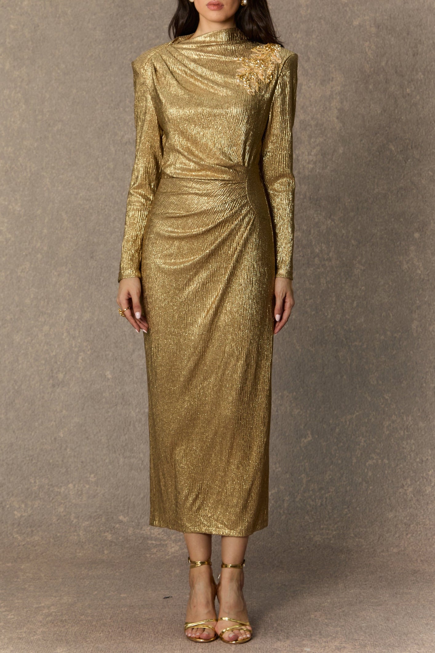 MICHELLE GOLD FLORAL MIDI DRESS FOR EVENTS