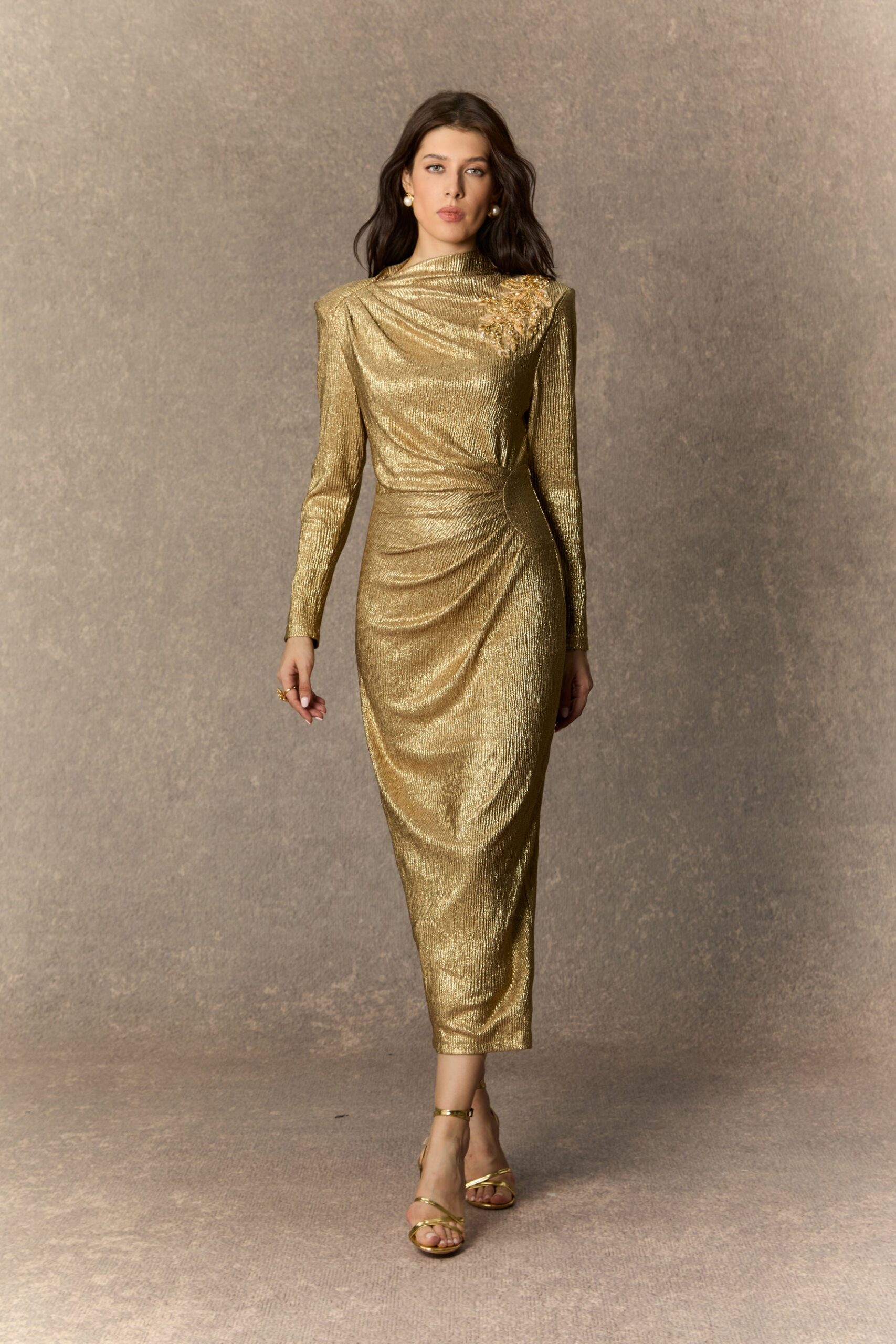 MICHELLE GOLD FLORAL MIDI DRESS FOR EVENTS