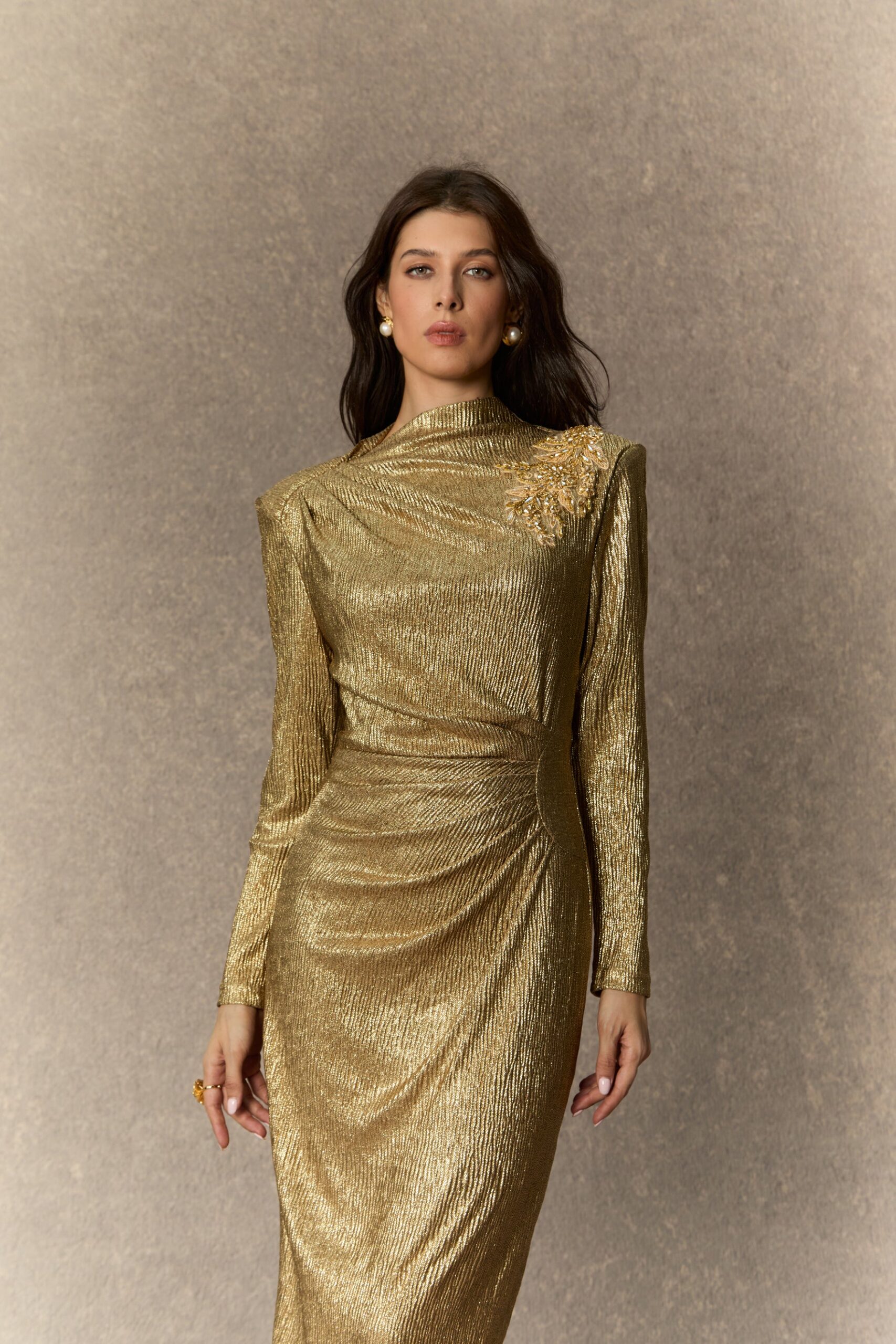 MICHELLE GOLD FLORAL MIDI DRESS FOR EVENTS