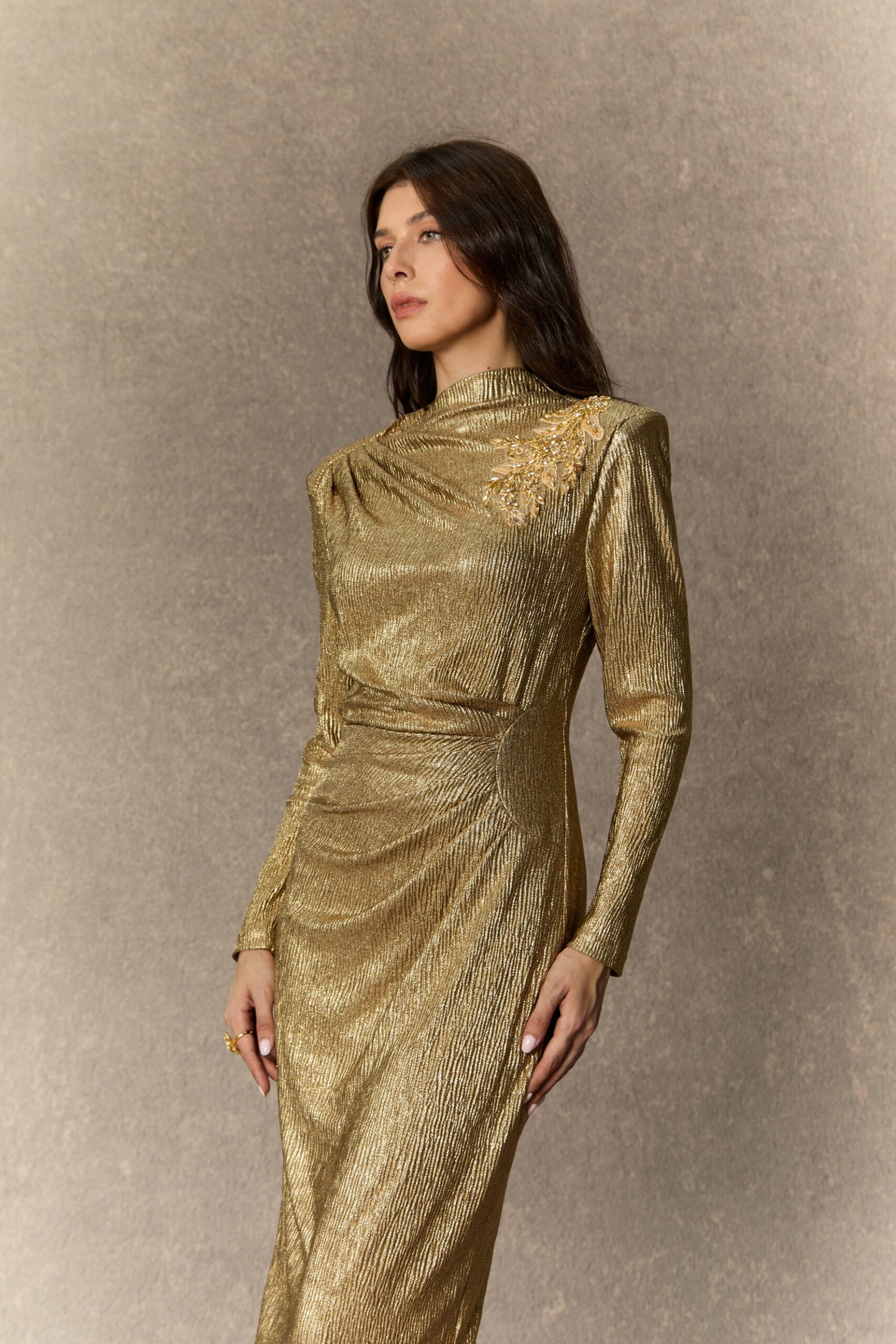 MICHELLE GOLD FLORAL MIDI DRESS FOR EVENTS