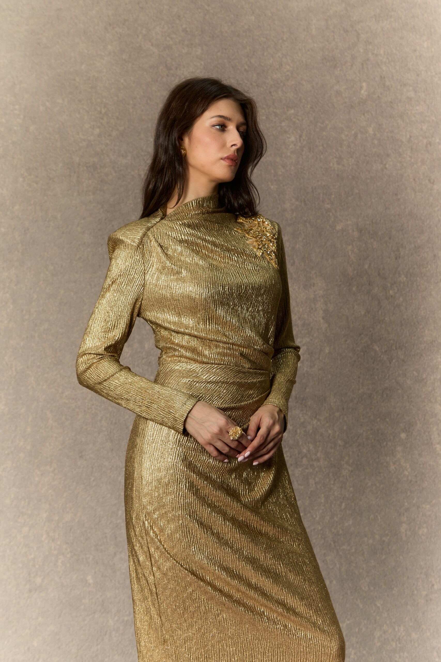 MICHELLE GOLD FLORAL MIDI DRESS FOR EVENTS
