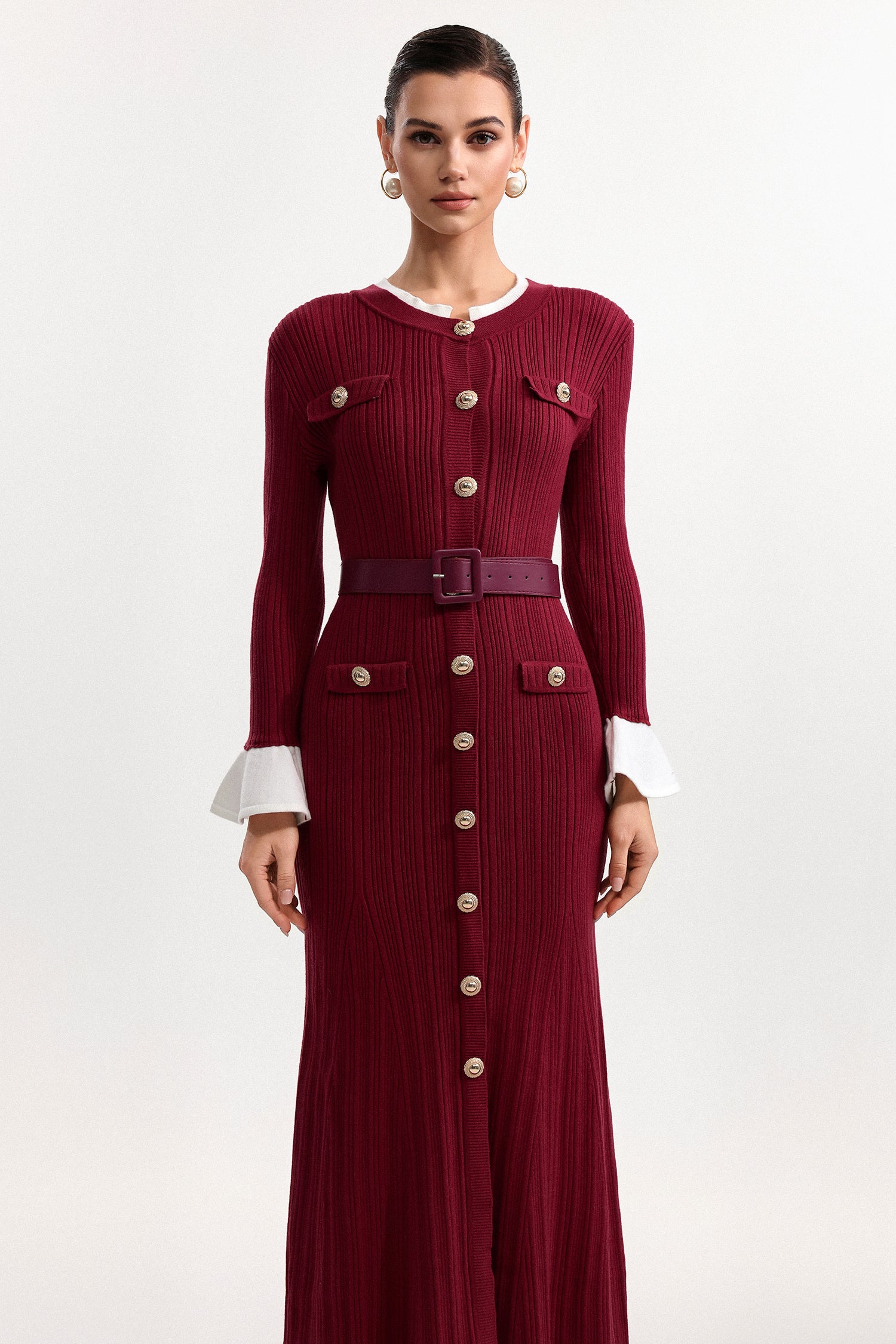 WALLIS CONTOUR KNIT MAXI DRESS, LONG SLEEVE, ROUND NECK