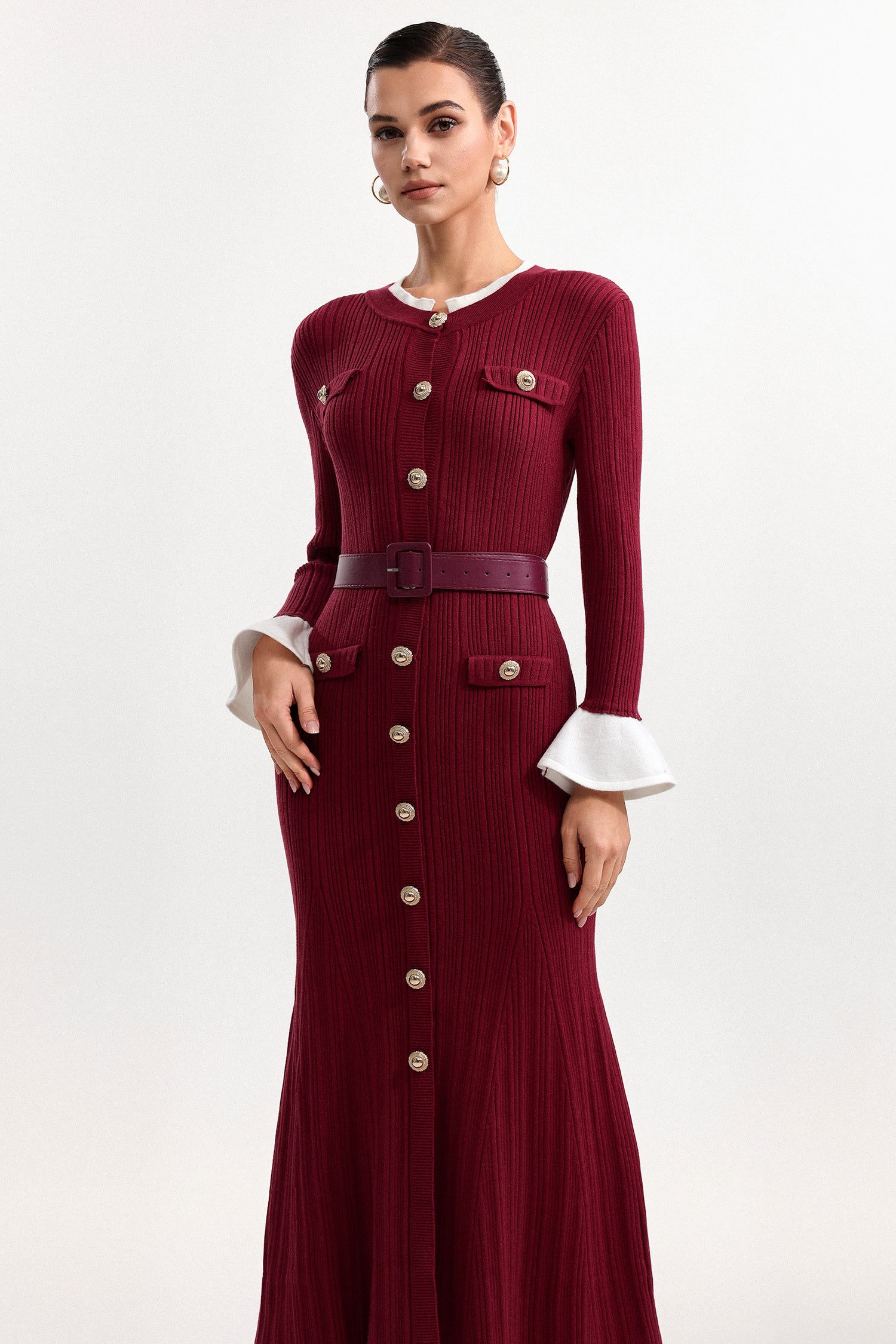 WALLIS CONTOUR KNIT MAXI DRESS, LONG SLEEVE, ROUND NECK