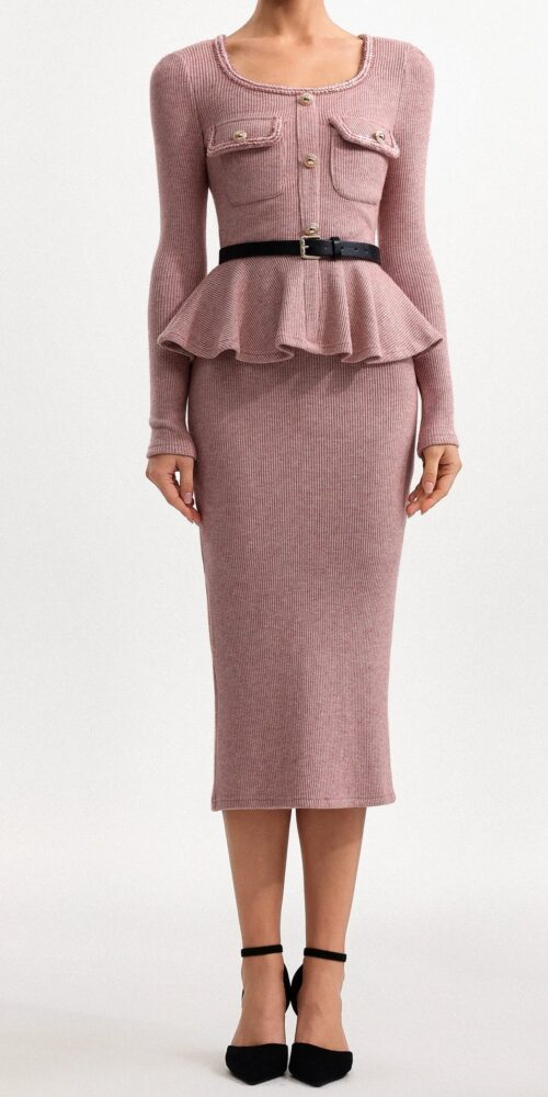 kitty U Neck Long Sleeve Falbala Knit Midi Dress in pink
