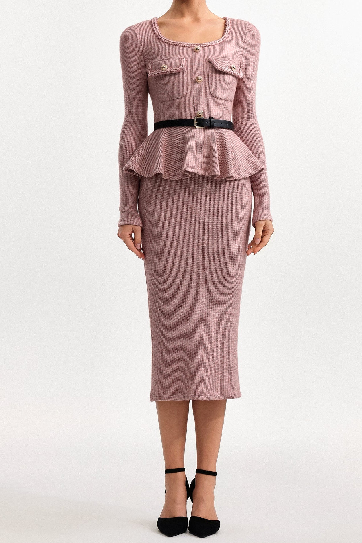 KITTY U NECK FALBALA KNIT MIDI DRESS IN PINK